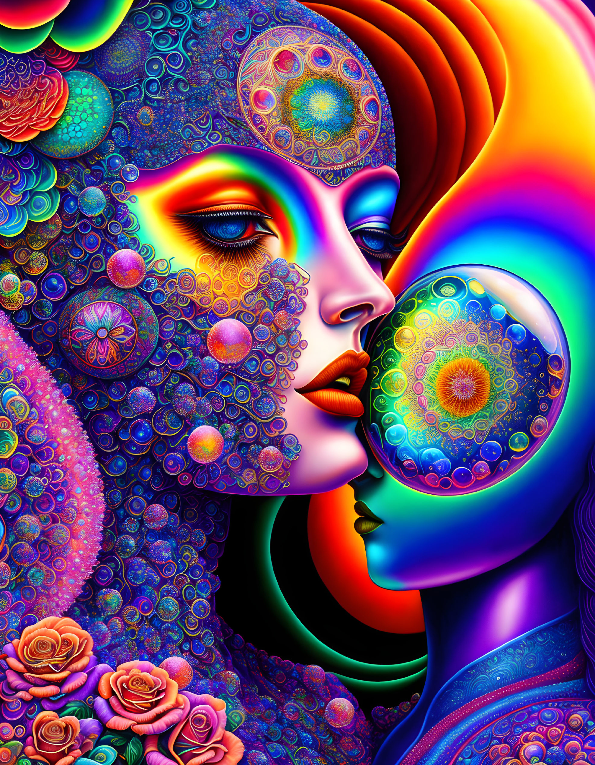 Colorful digital artwork: Two faces in profile with intricate floral patterns.