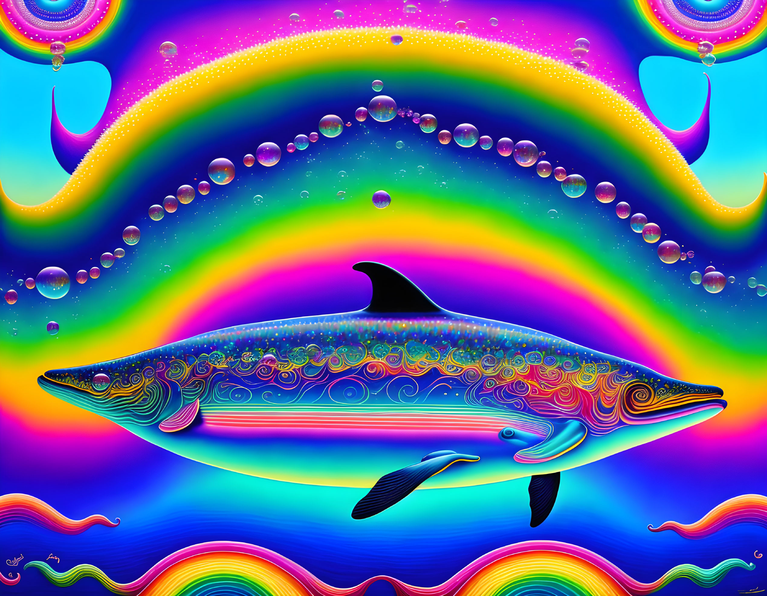 Colorful Digital Artwork: Stylized Dolphin with Patterns and Bubbles on Rainbow Background