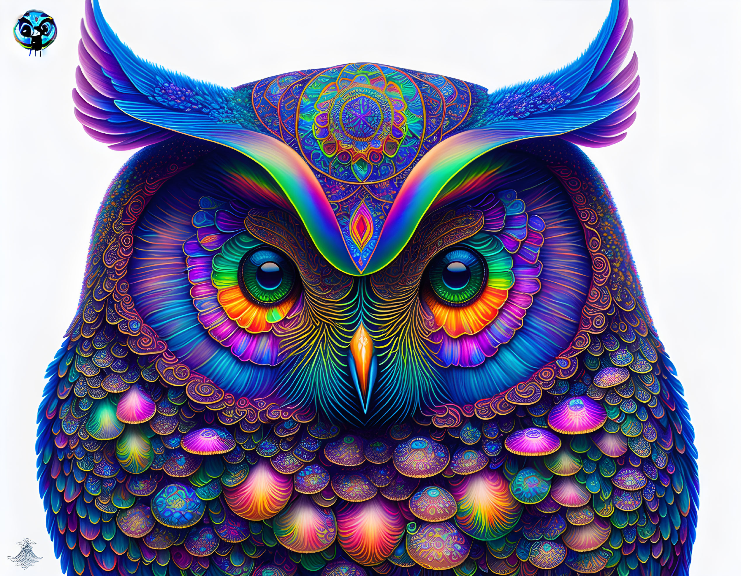 Colorful Owl Digital Artwork with Detailed Feathers and Multicolored Eyes