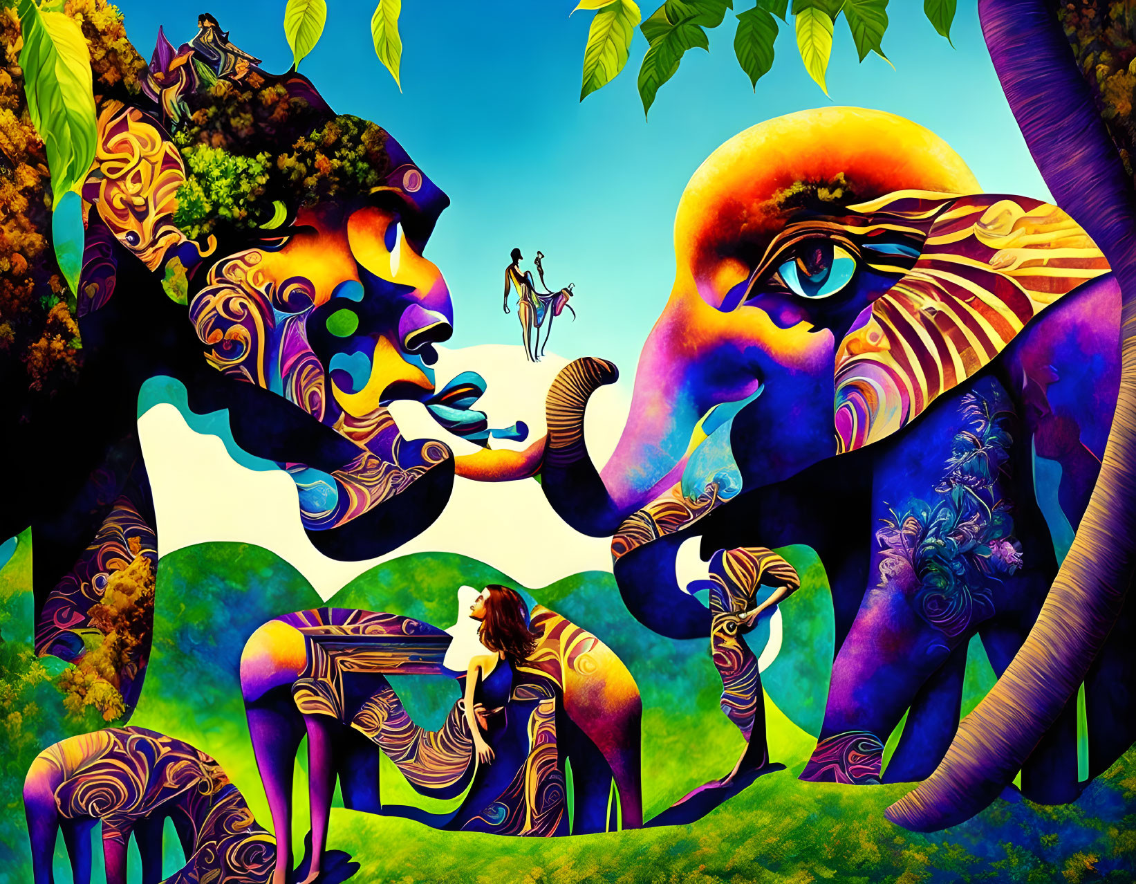 Colorful digital artwork of human and elephant figures in lush landscape