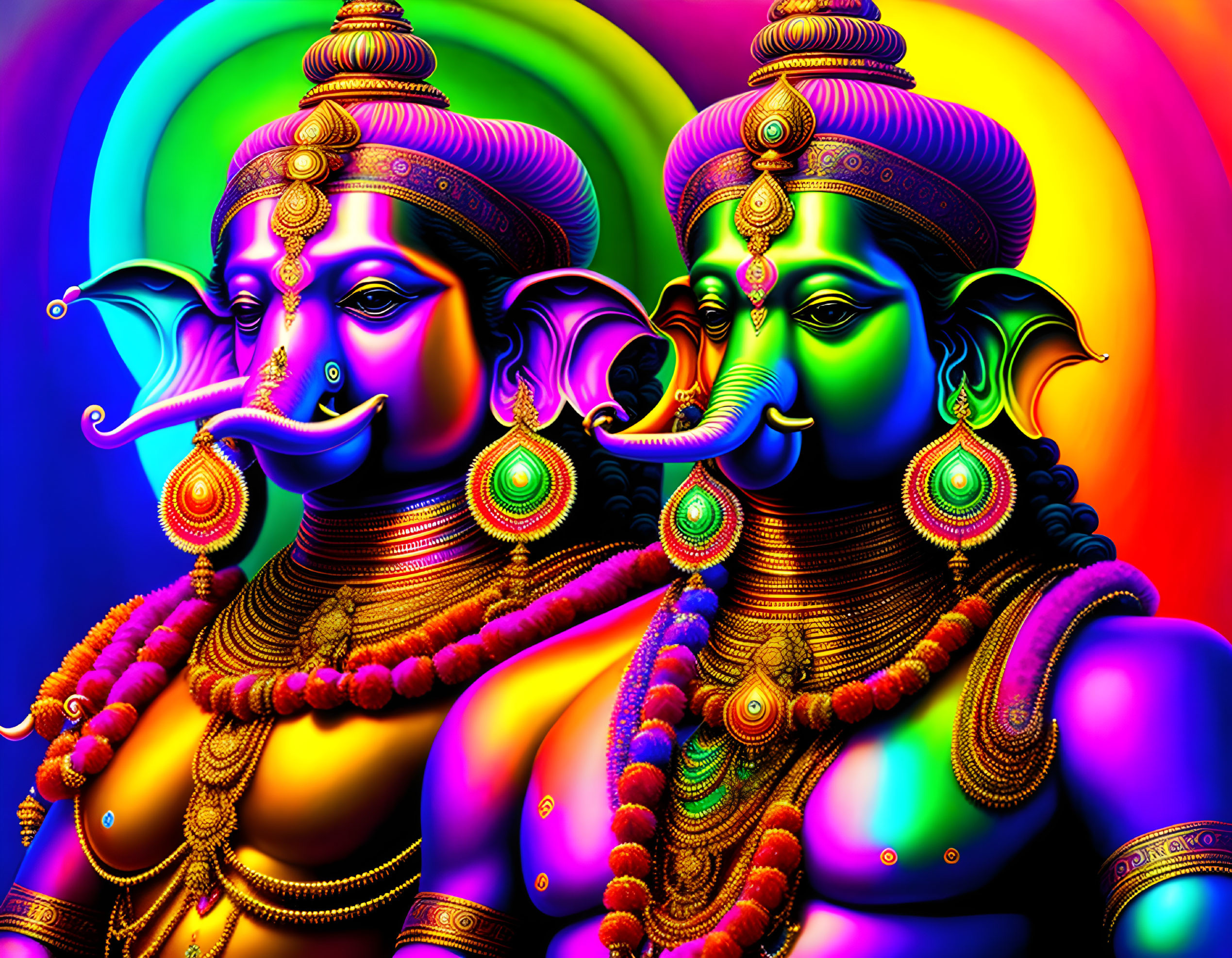 Colorful Hindu deities illustration with psychedelic rainbow background