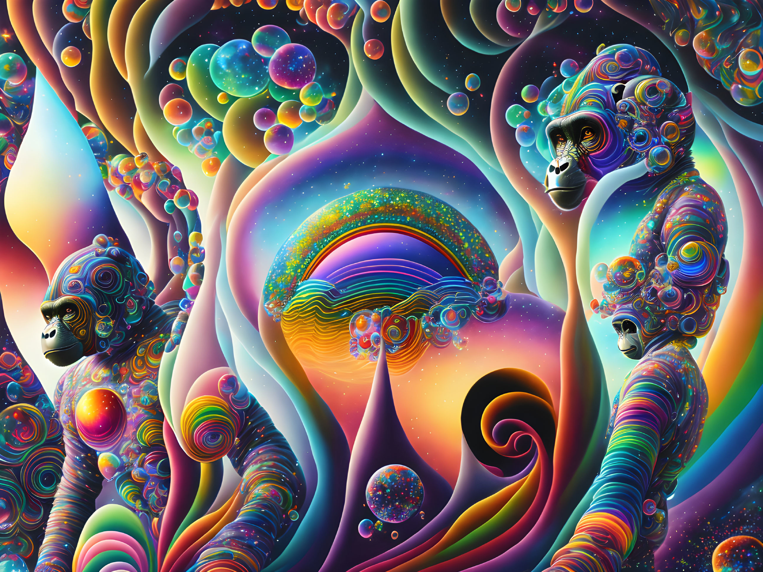 Colorful Psychedelic Digital Artwork with Stylized Primates in Rainbow Cosmic Setting