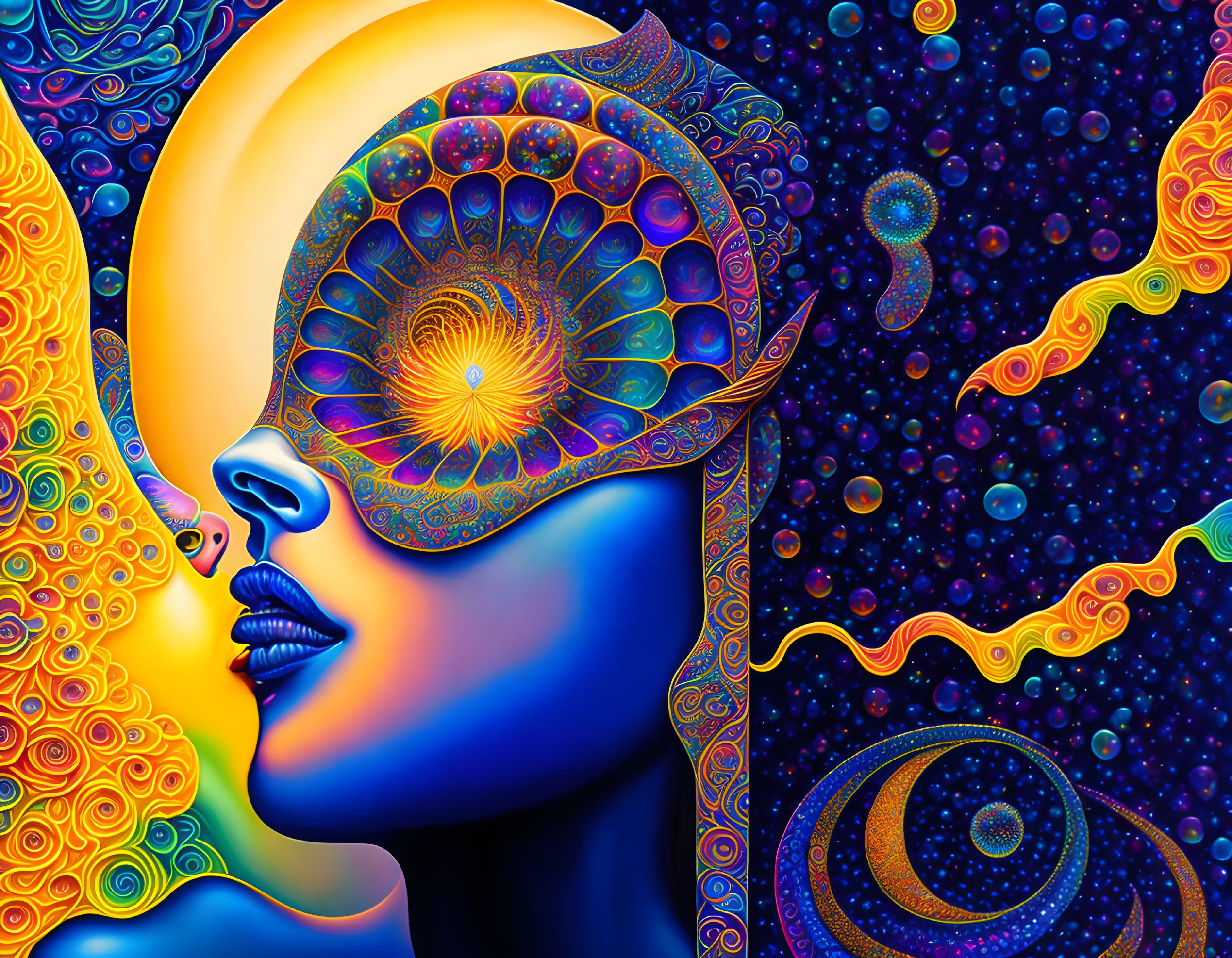 Colorful psychedelic digital artwork: Female face with fractal patterns in cosmic background