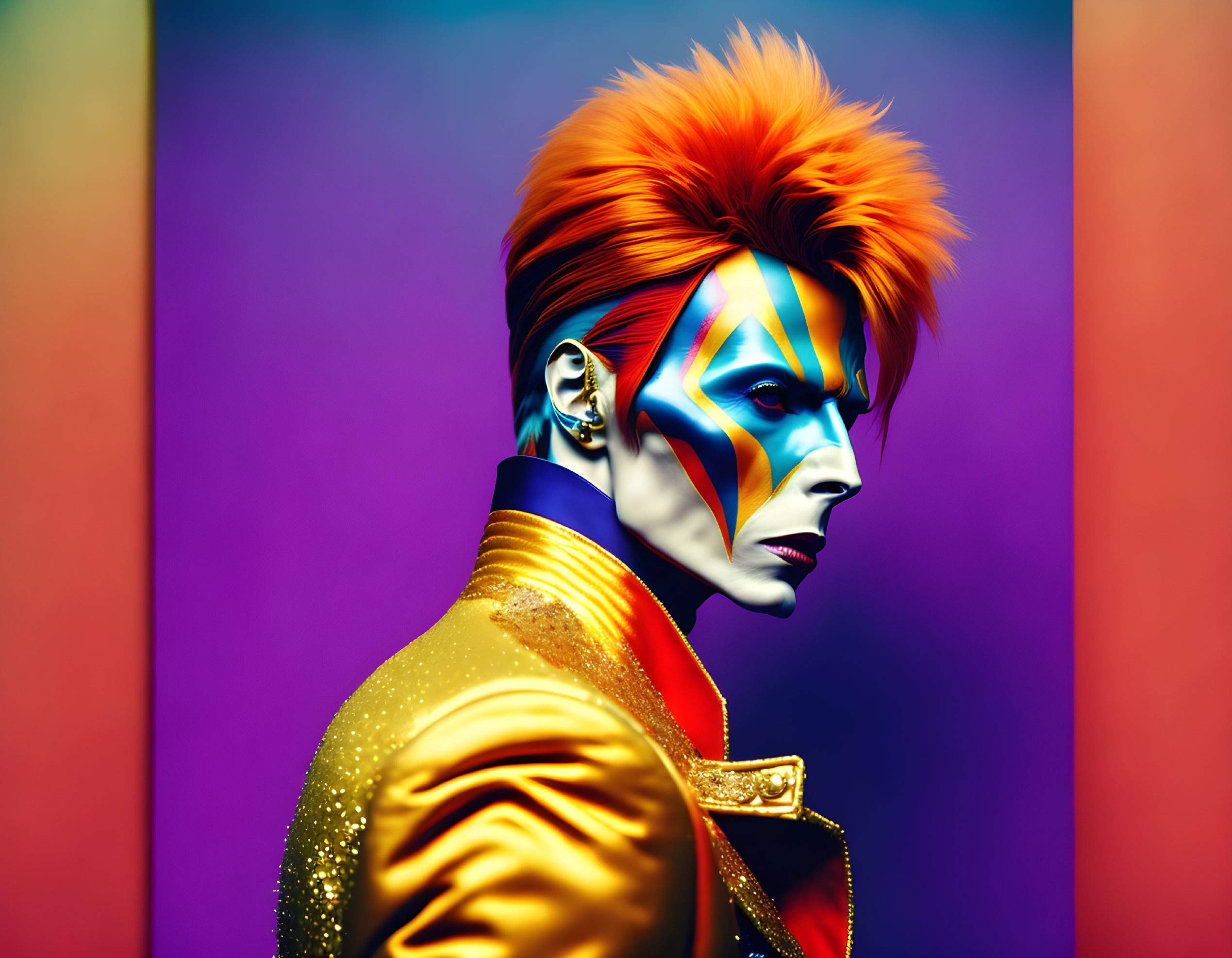 Vibrant portrait with face paint, orange hair, gold jacket on rainbow backdrop