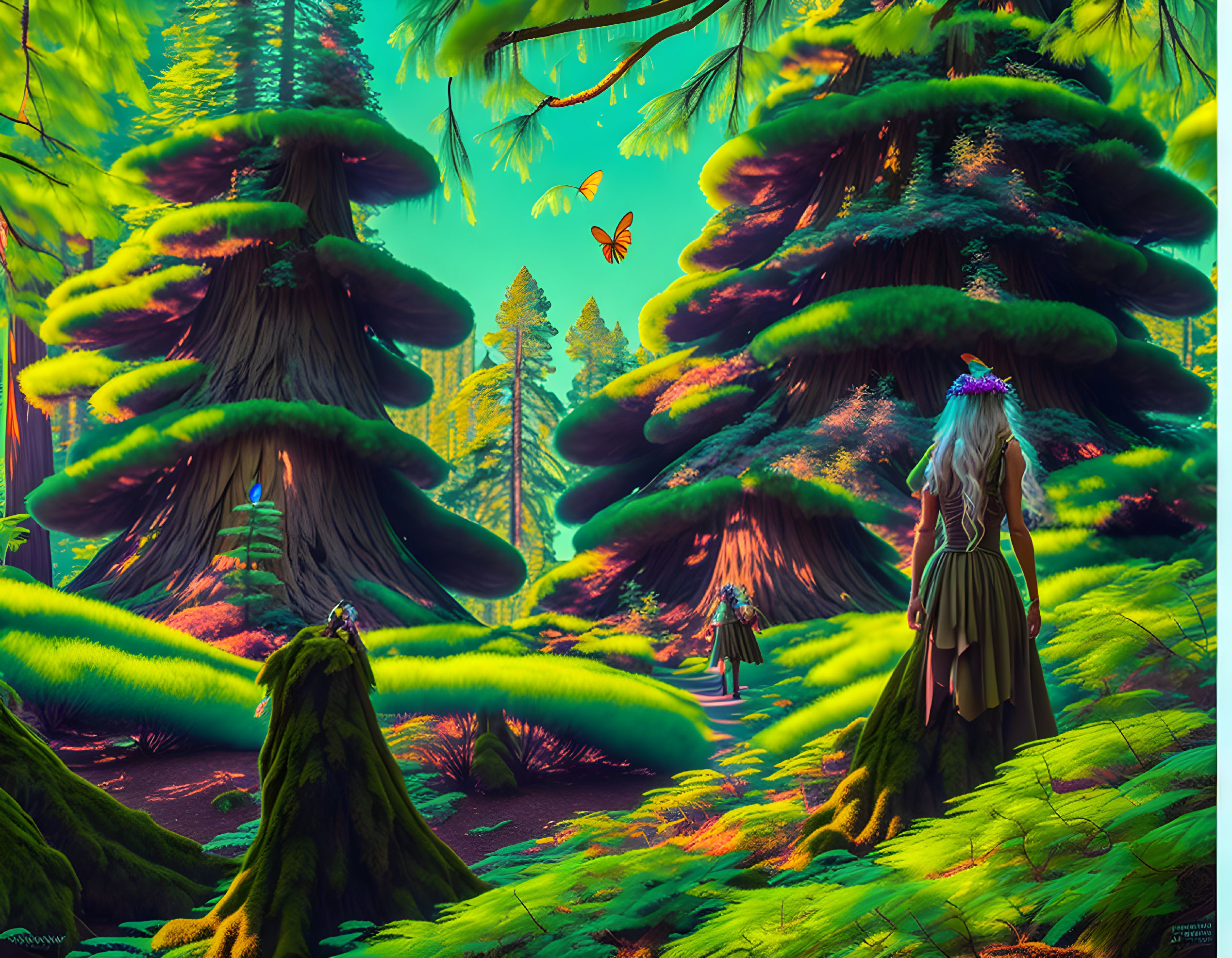 Fantastical forest with giant mushroom-like trees and characters in period clothing