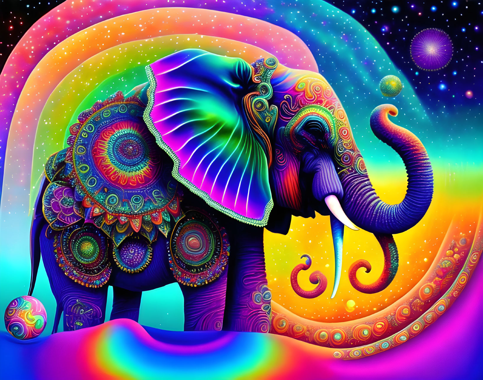 Colorful Psychedelic Elephant Art with Cosmic Background