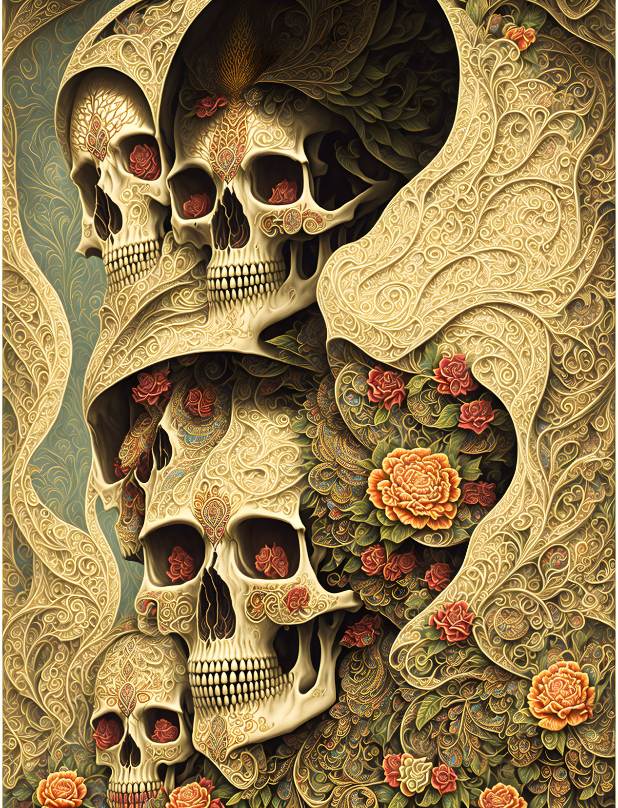 Detailed Gothic Baroque Skull Illustration with Floral and Peacock Elements