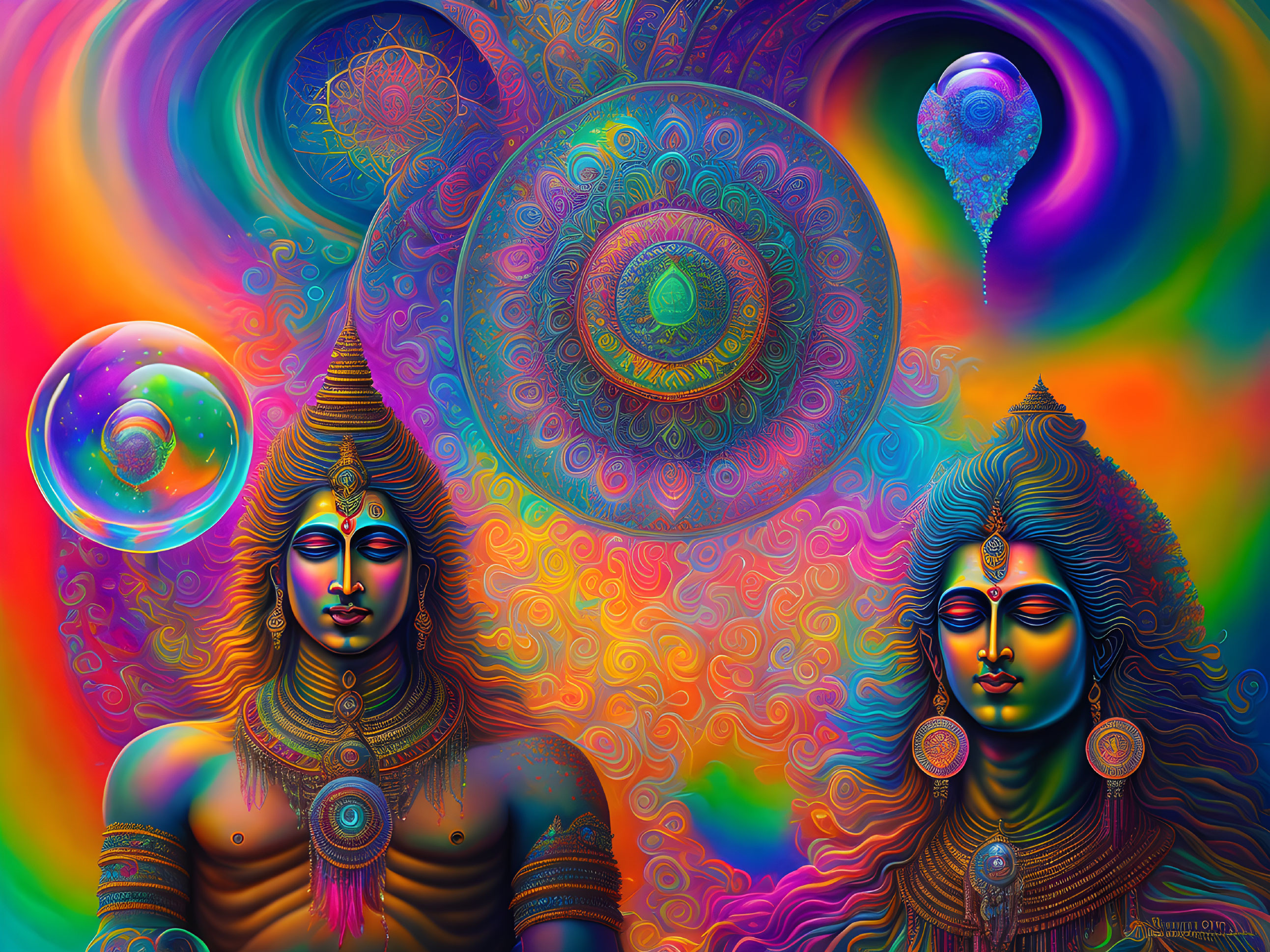 Colorful Psychedelic Illustration of Hindu Deity-Like Figures