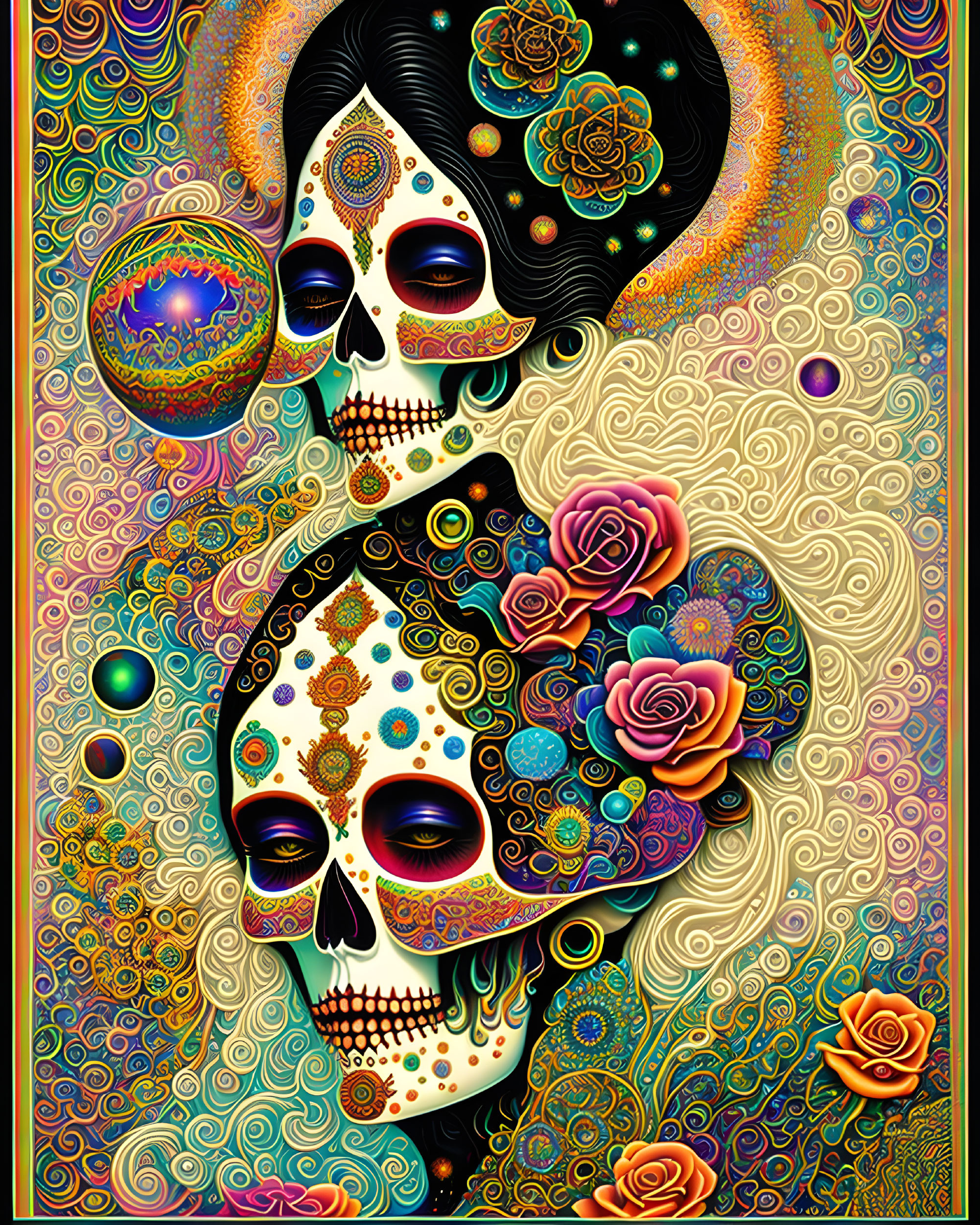 Day of the Dead-themed digital artwork with skull faces and intricate cosmic patterns.