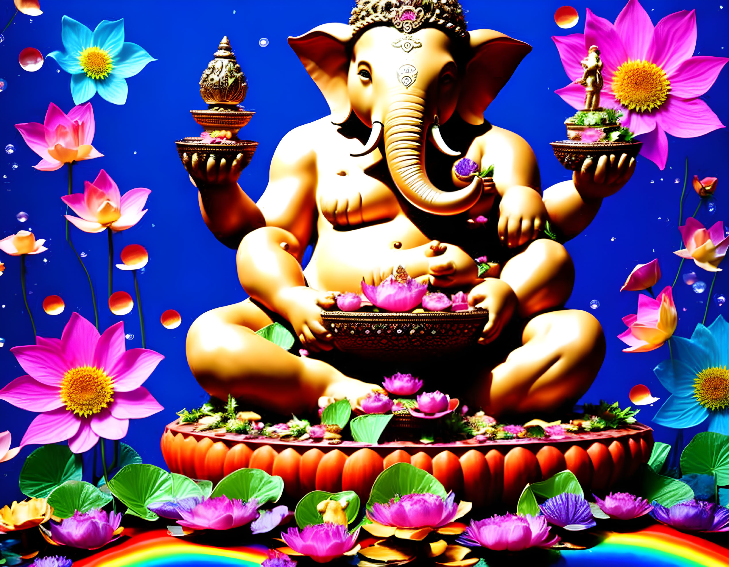 Vibrant Hindu Deity Ganesha Illustration with Lotus Flowers