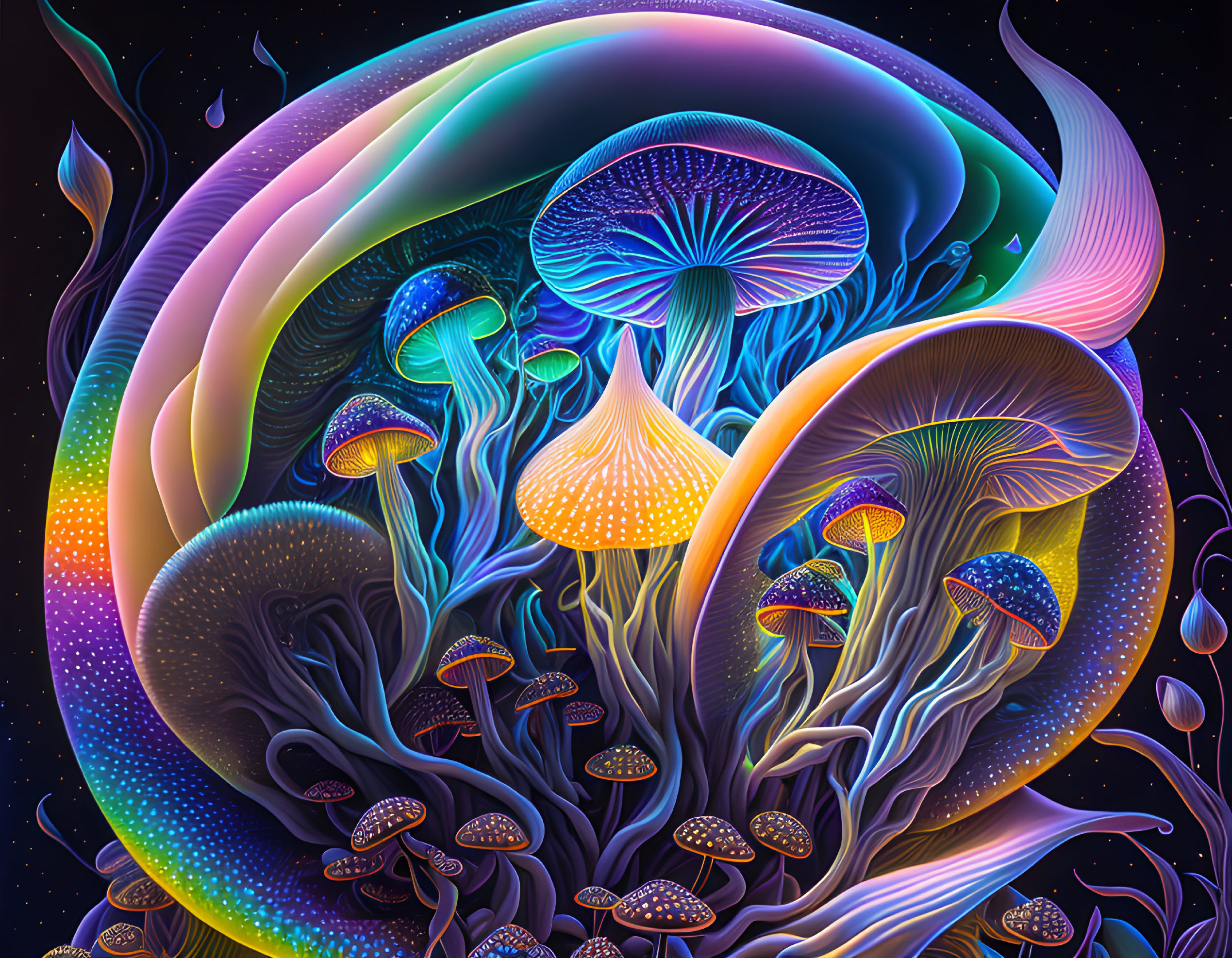 Colorful Bioluminescent Mushroom and Jellyfish Illustration Against Starry Sky