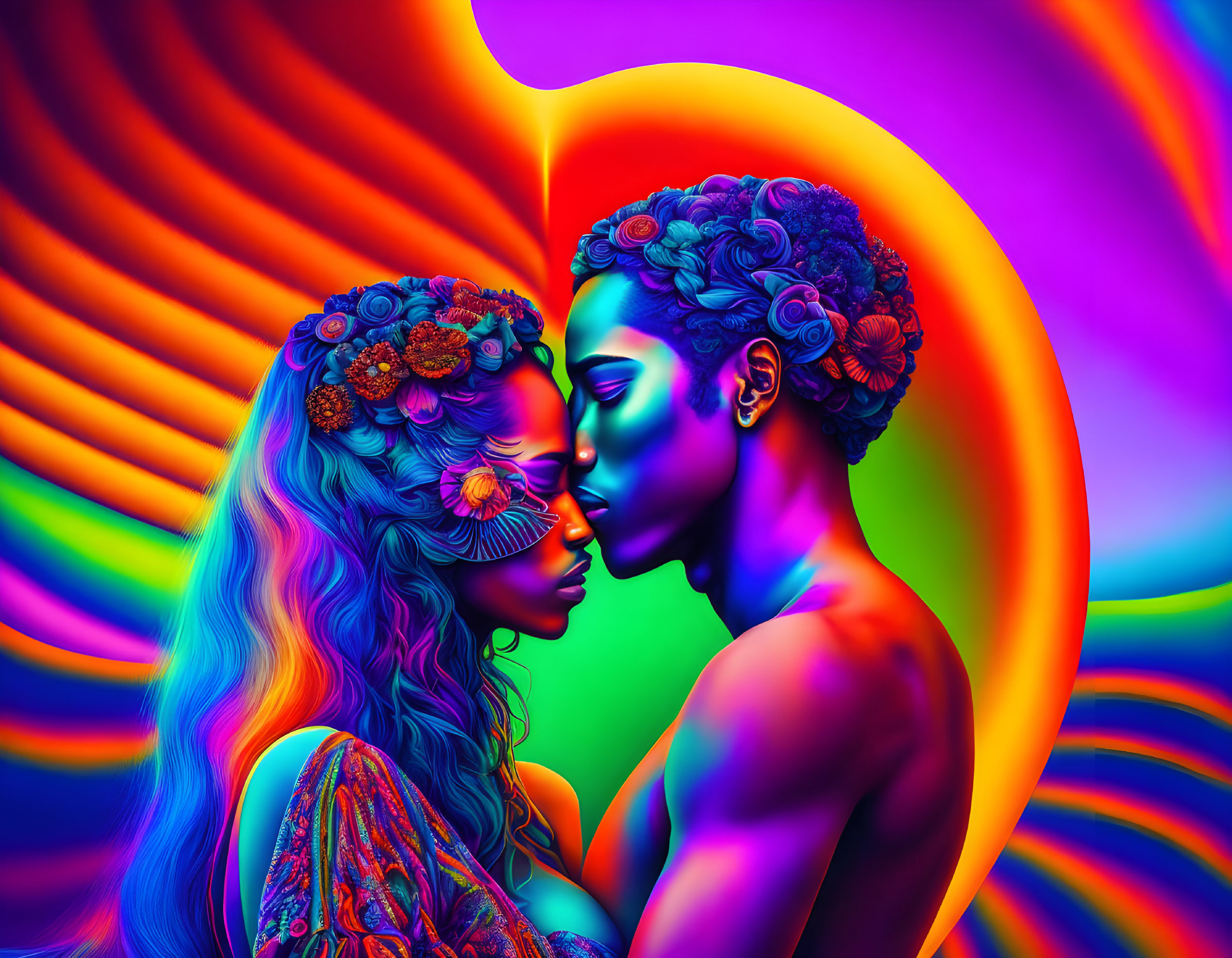 Vibrant body paint and floral hair accessories in close embrace against colorful background