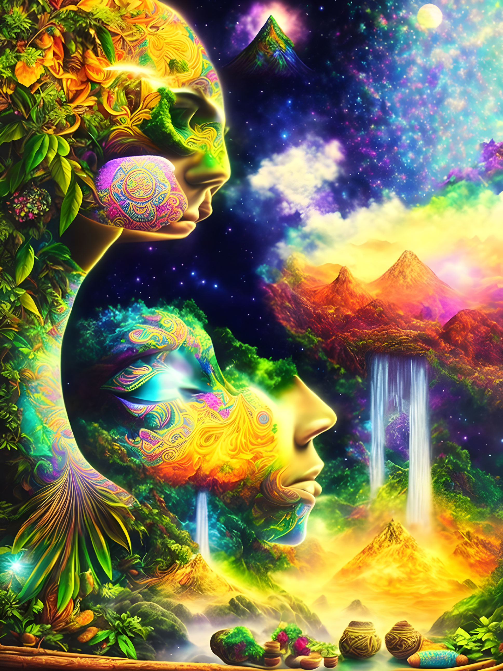 Surreal artwork: Two faces merge with nature, cosmos, and psychedelic patterns