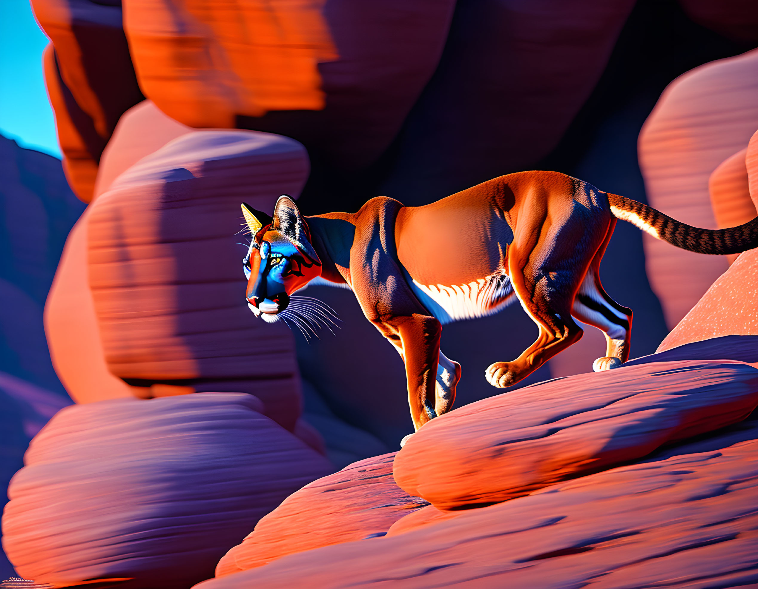 Muscular tiger in 3D on rocky terrain with red cliffs under blue sky