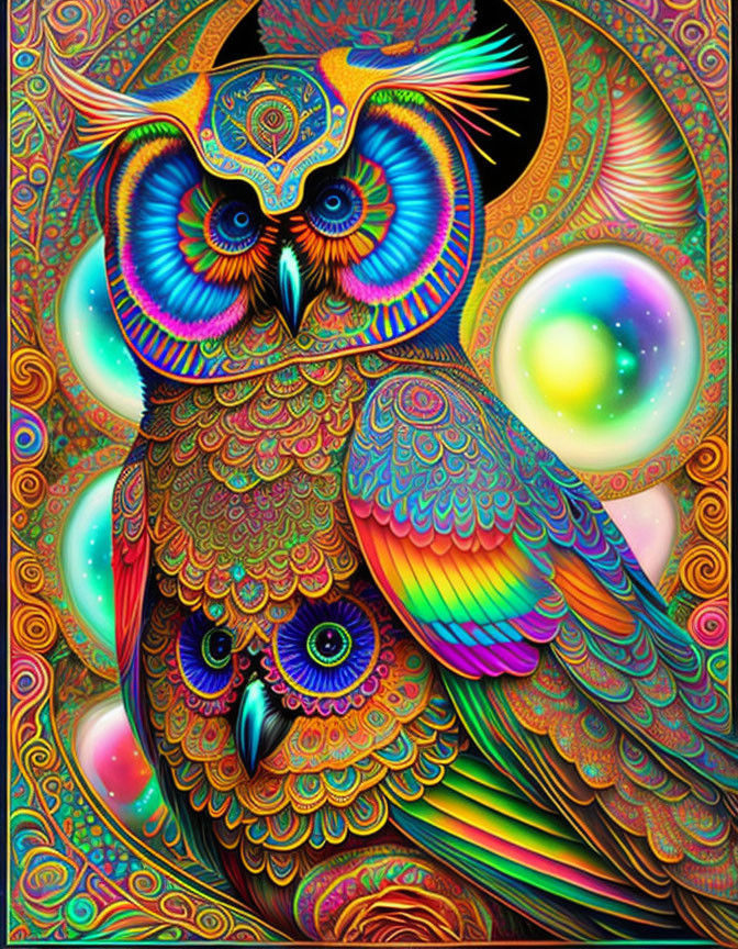 Colorful Owl Artwork with Psychedelic Patterns & Celestial Background