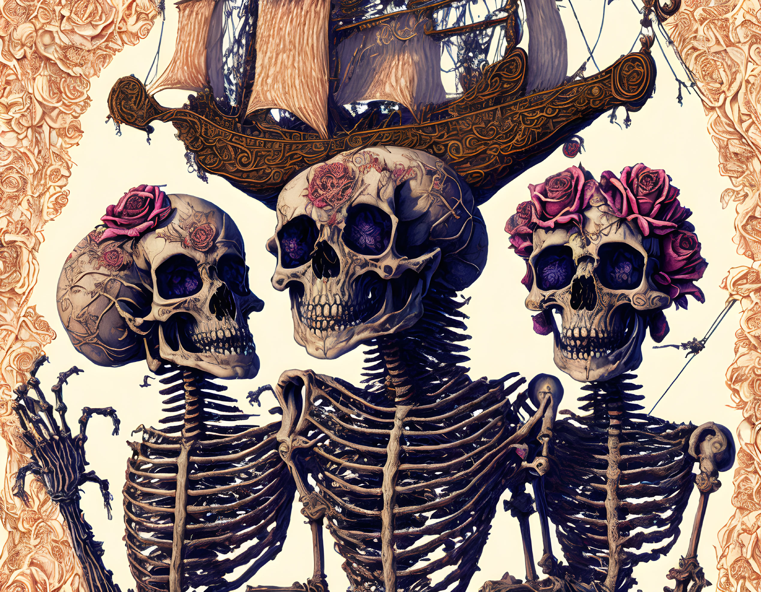 Decorated skull skeletons with rose crowns by ornate ship