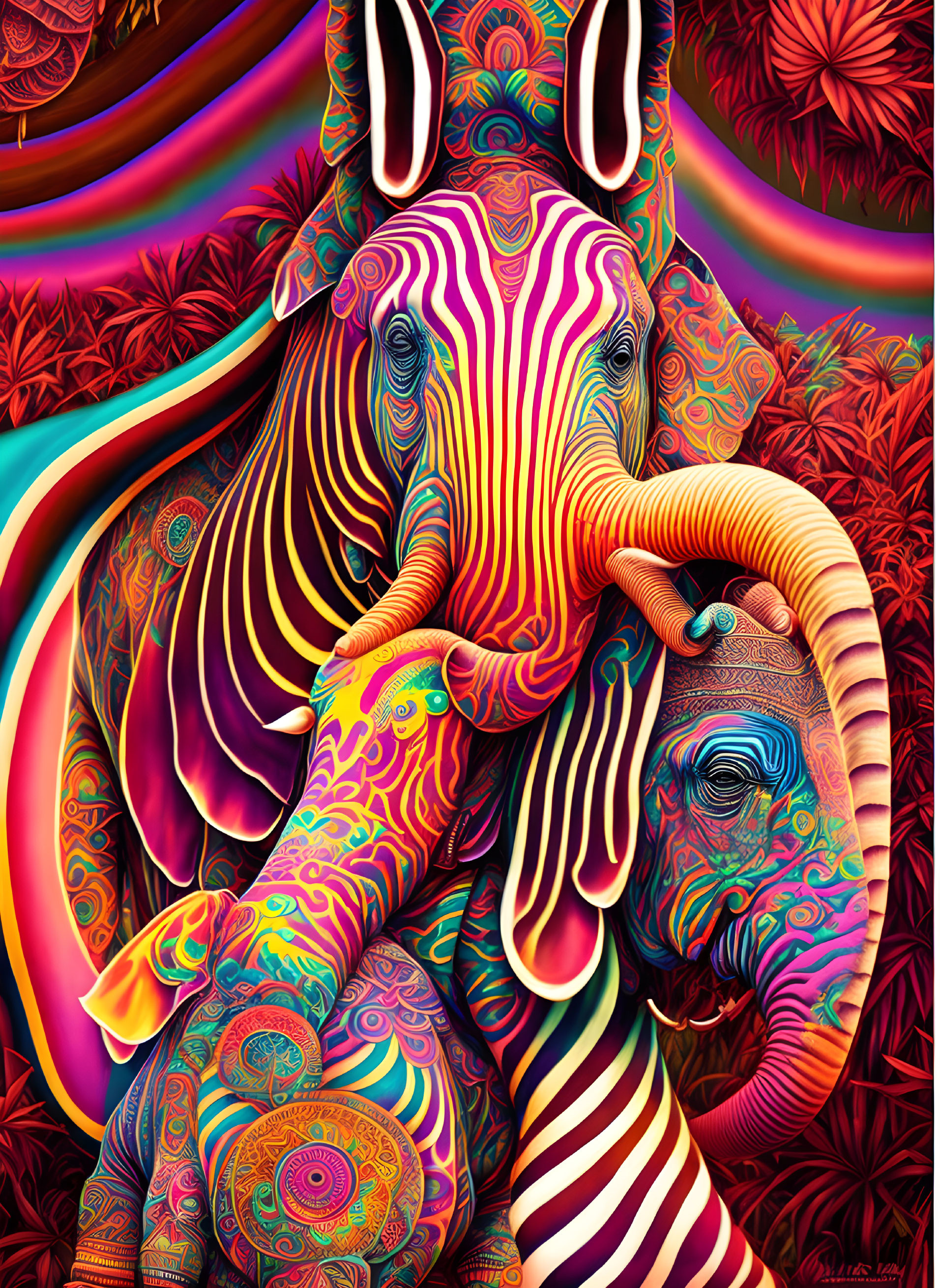 Colorful Psychedelic Elephant Artwork with Floral Background