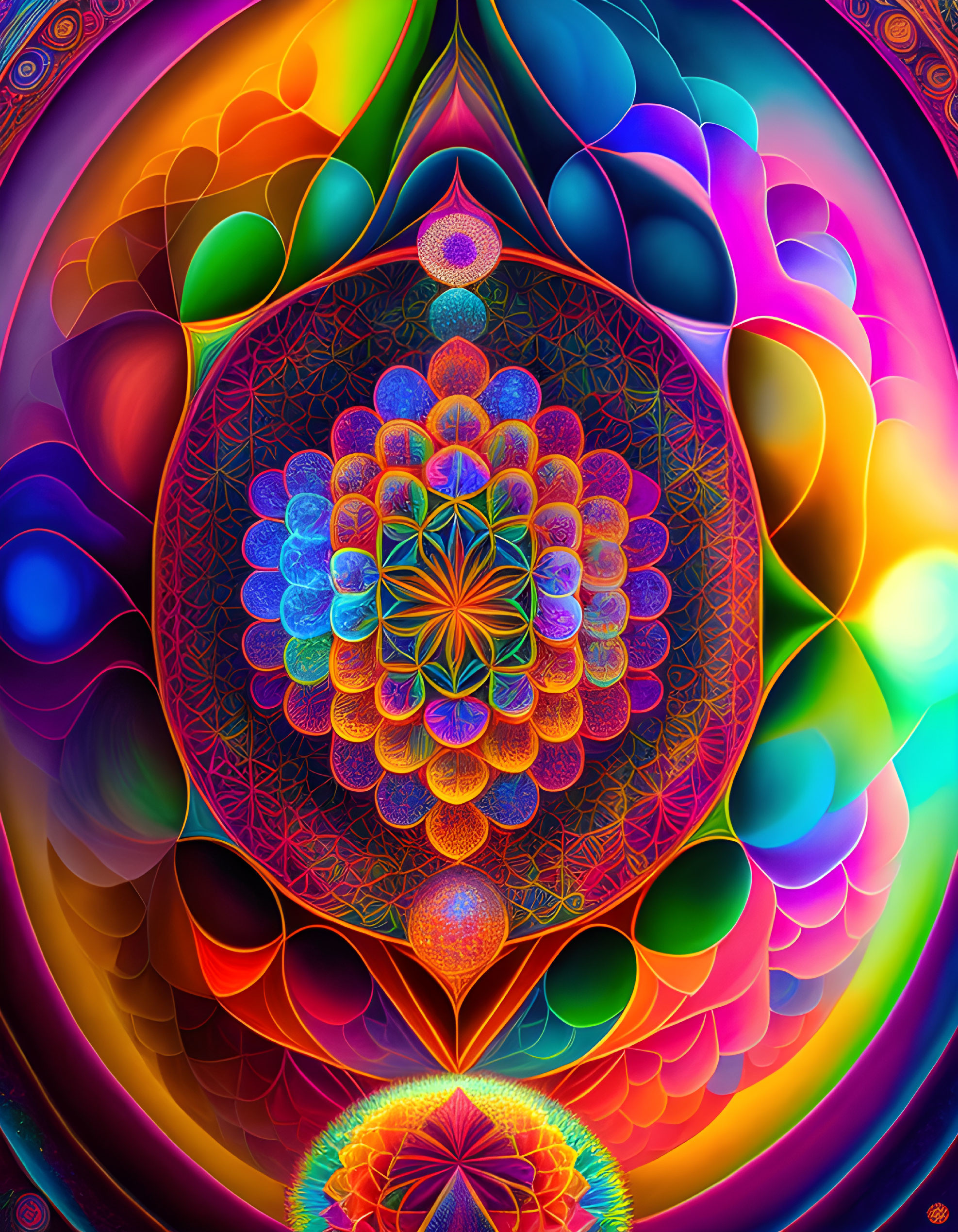 Symmetrical mandala-like digital artwork with vivid color palette