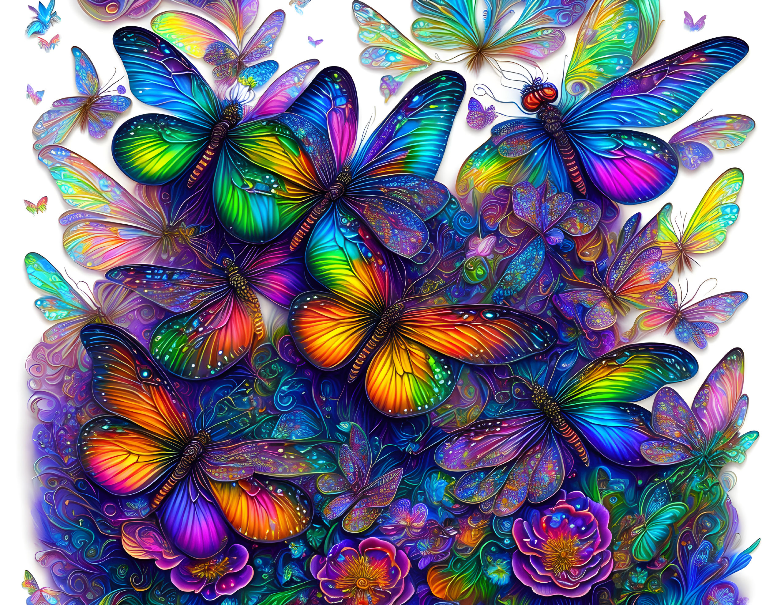 Colorful Butterfly Cluster on Psychedelic Background