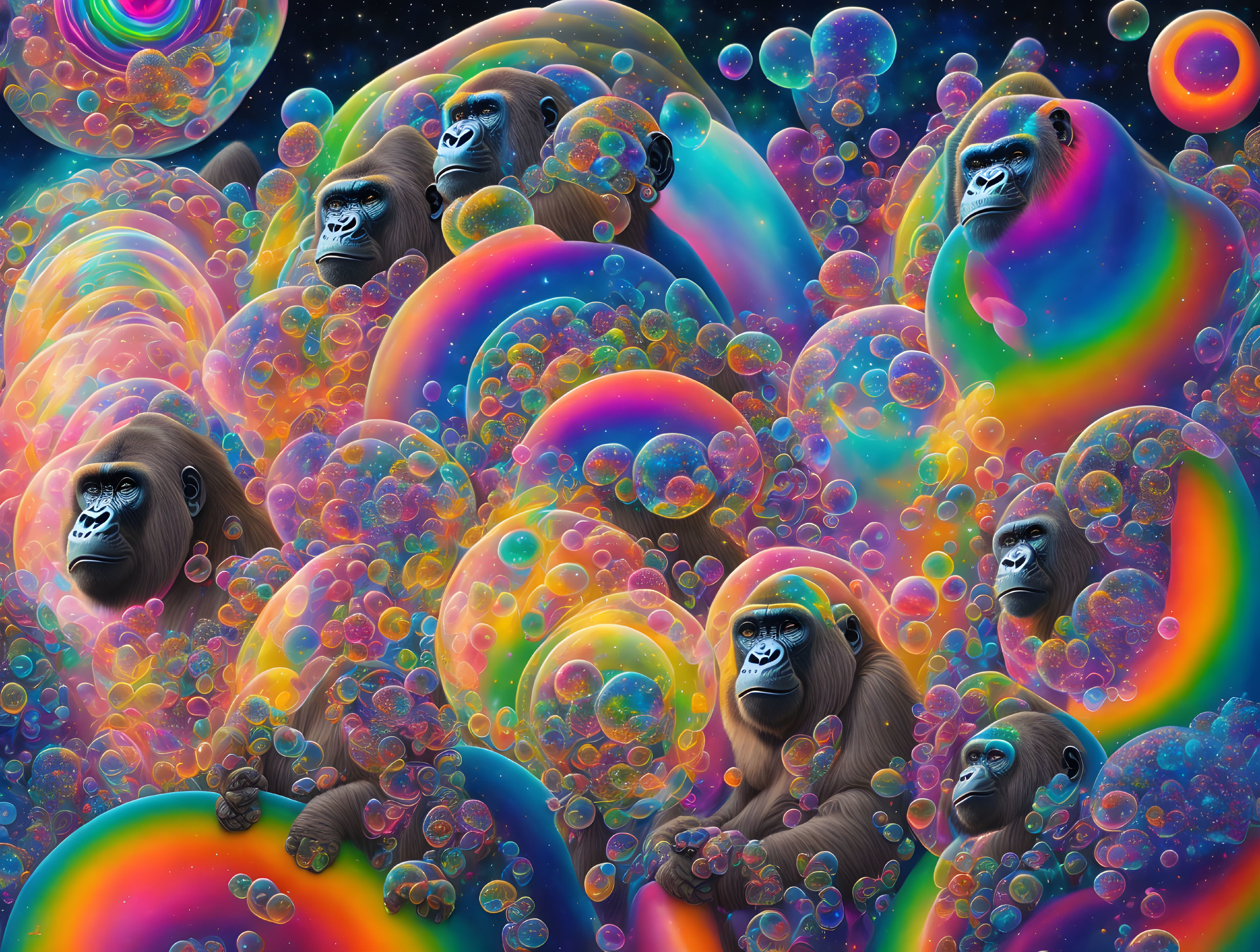 Colorful Gorilla Faces in Cosmic Background with Celestial Bodies