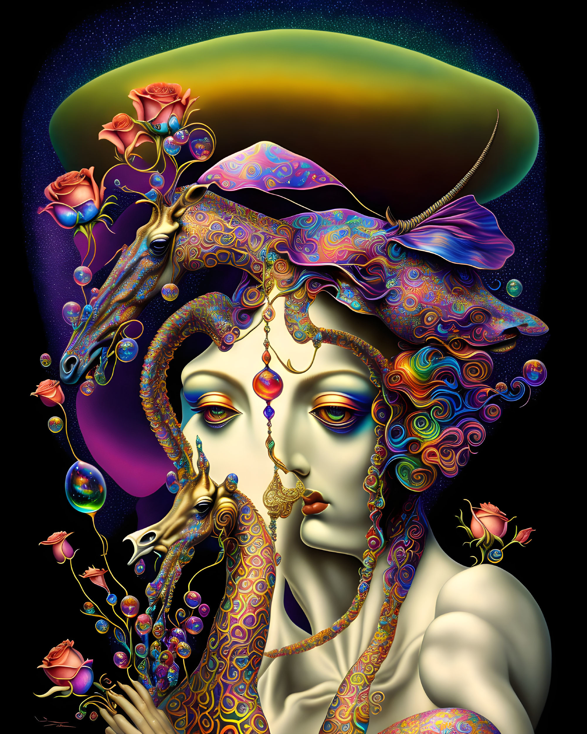 Vibrant surreal portrait of a woman with swirling patterns, jewelry, roses, and peacock feather