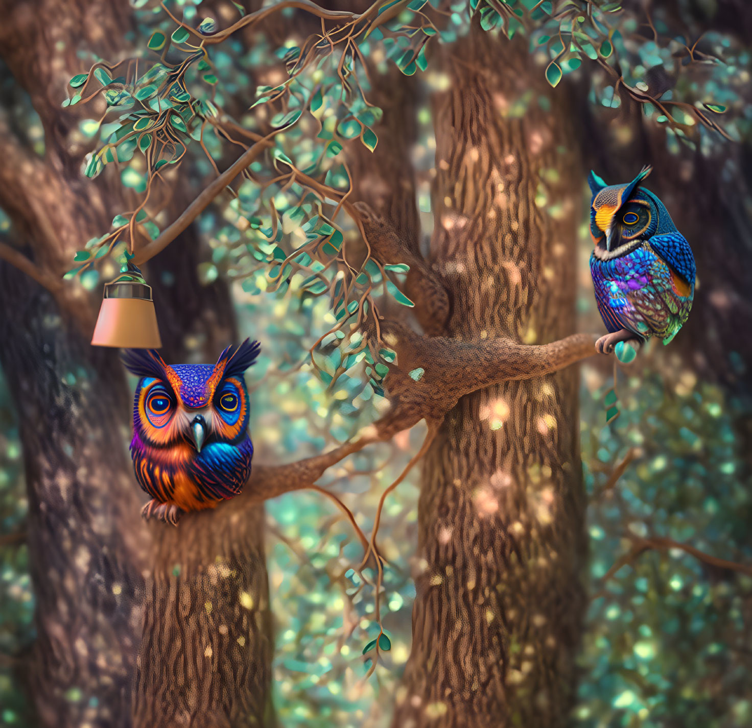 Colorful Owls with Intricate Feather Patterns Perched on Tree Branch