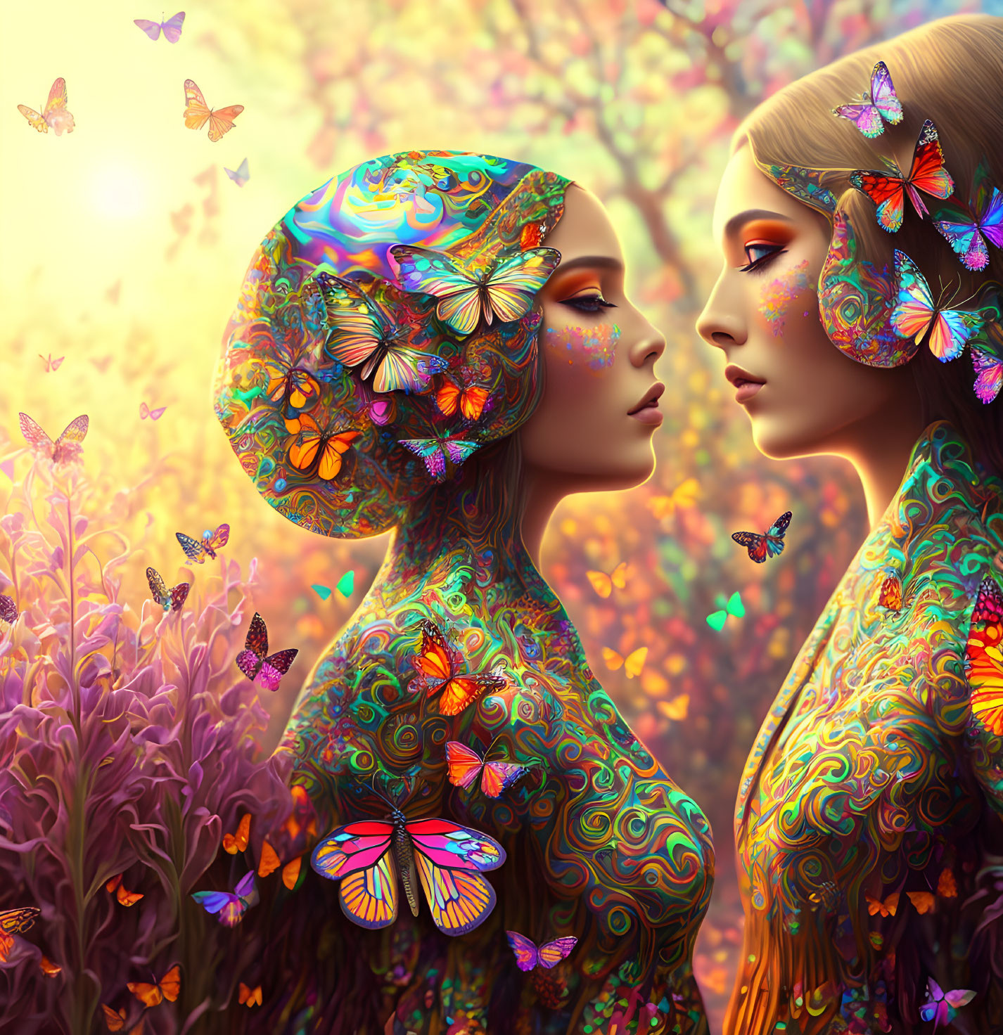 Ethereal women with butterfly-covered skin in vibrant sunset landscape