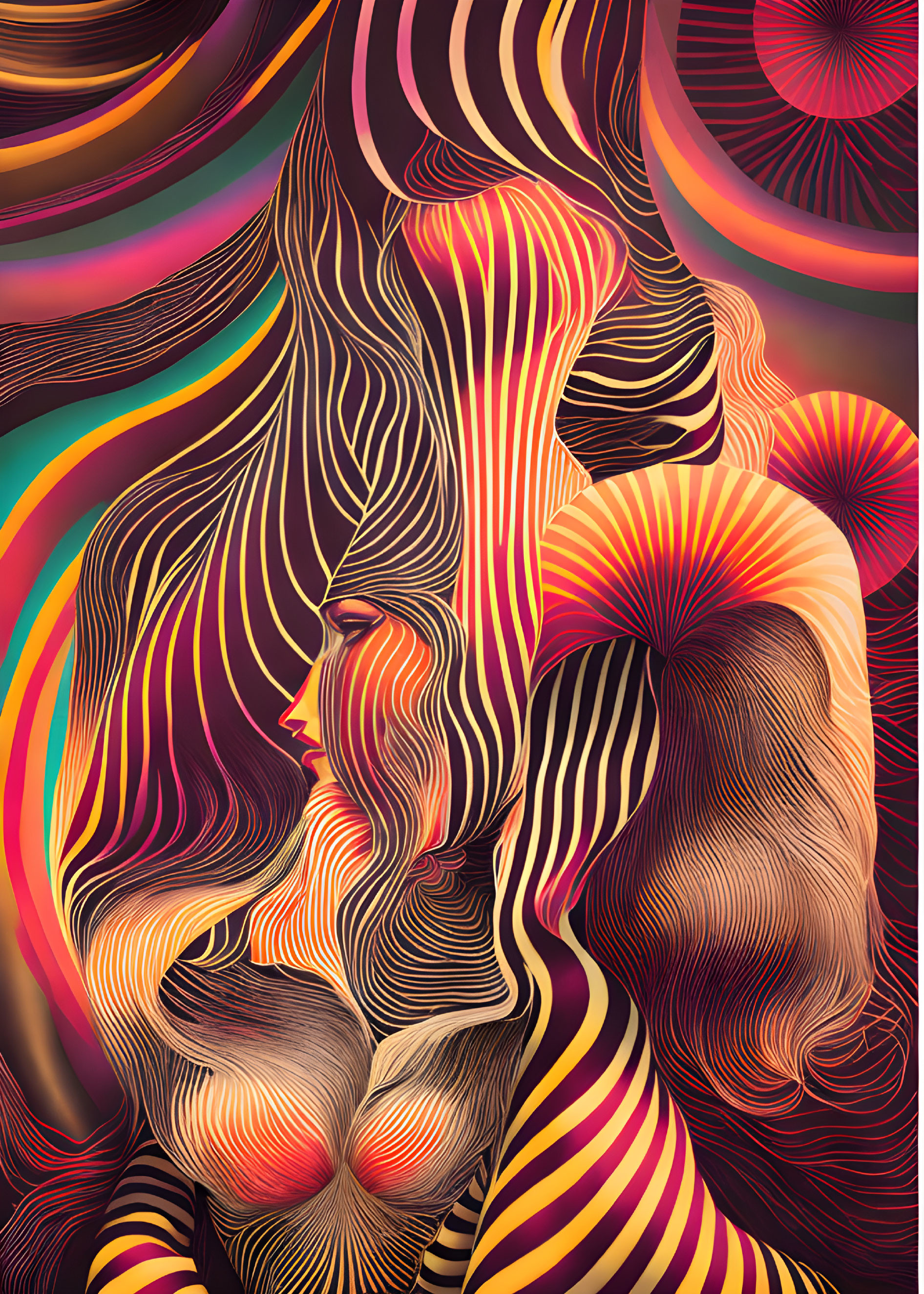 Vibrant psychedelic art featuring woman in flowing lines