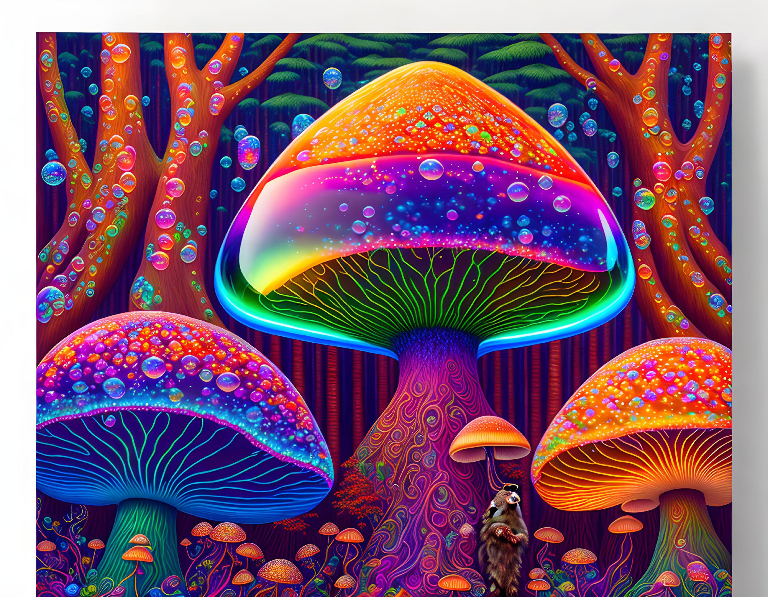 Colorful psychedelic mushrooms in whimsical forest with bubbles and owl