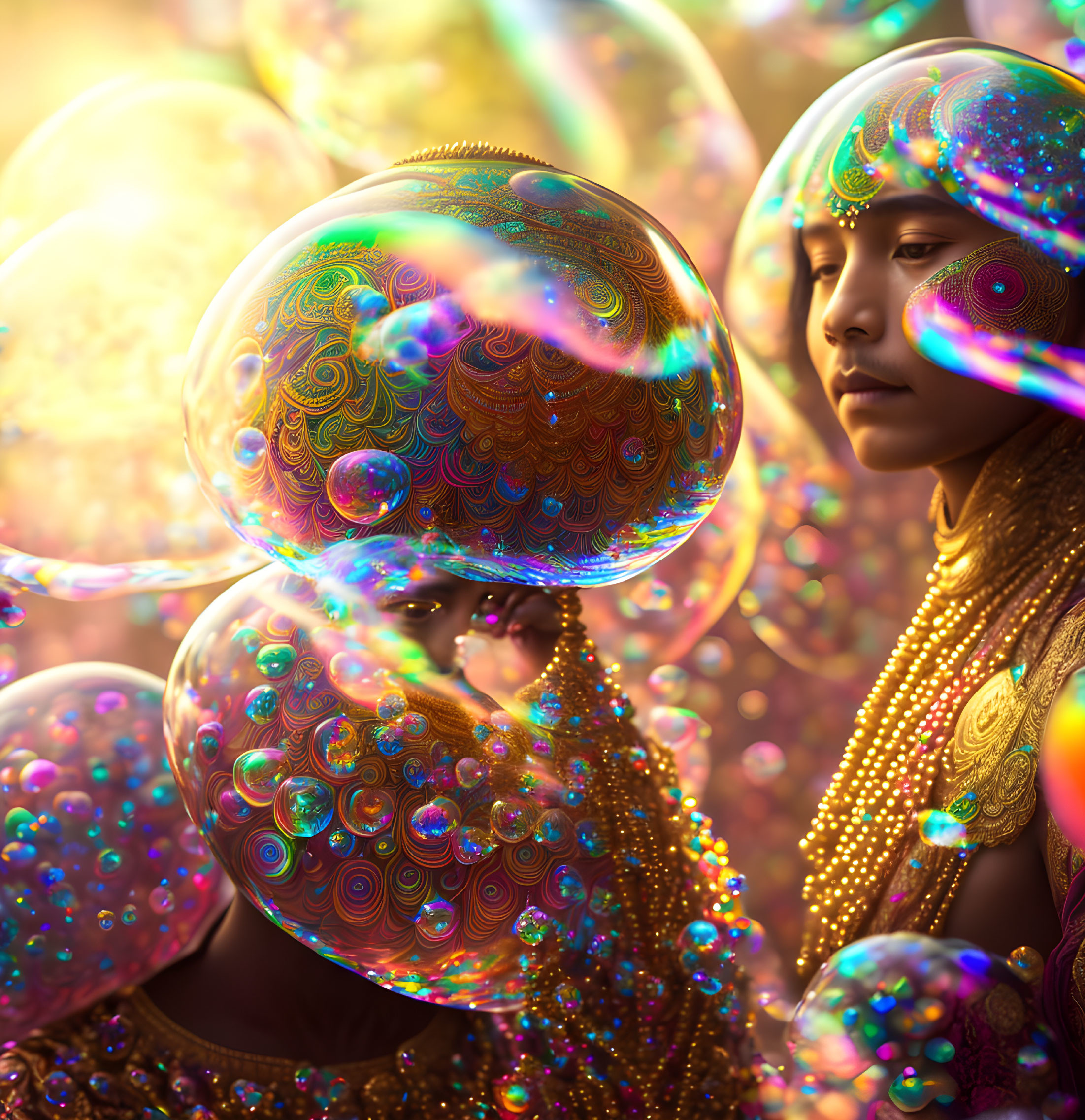 Golden Attire Figure Surrounded by Iridescent Soap Bubbles