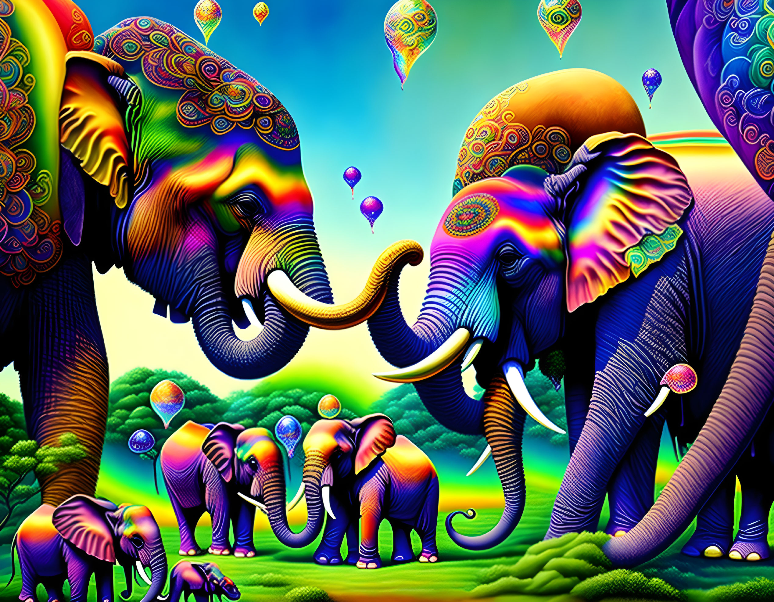 Colorful Psychedelic Elephant Illustration in Fantastical Landscape