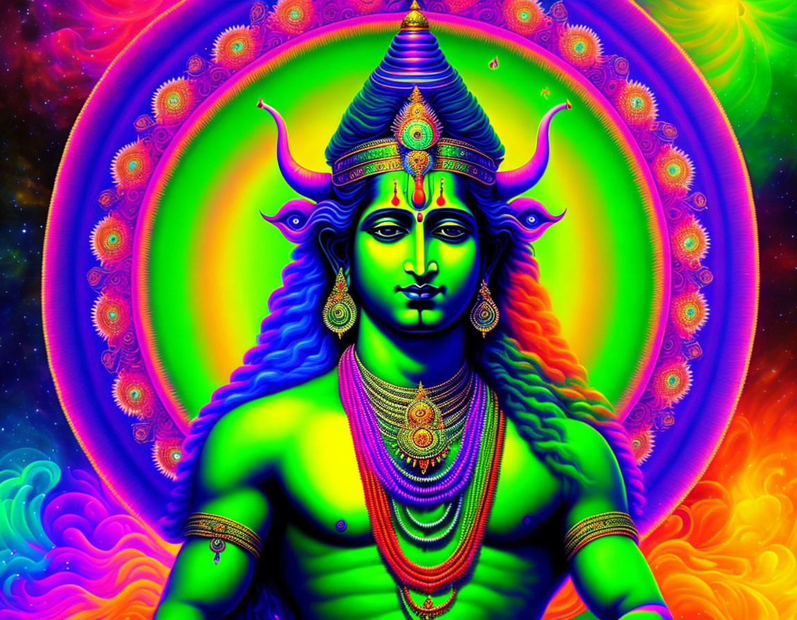 Colorful Psychedelic Deity Illustration with Blue Skin and Third Eye