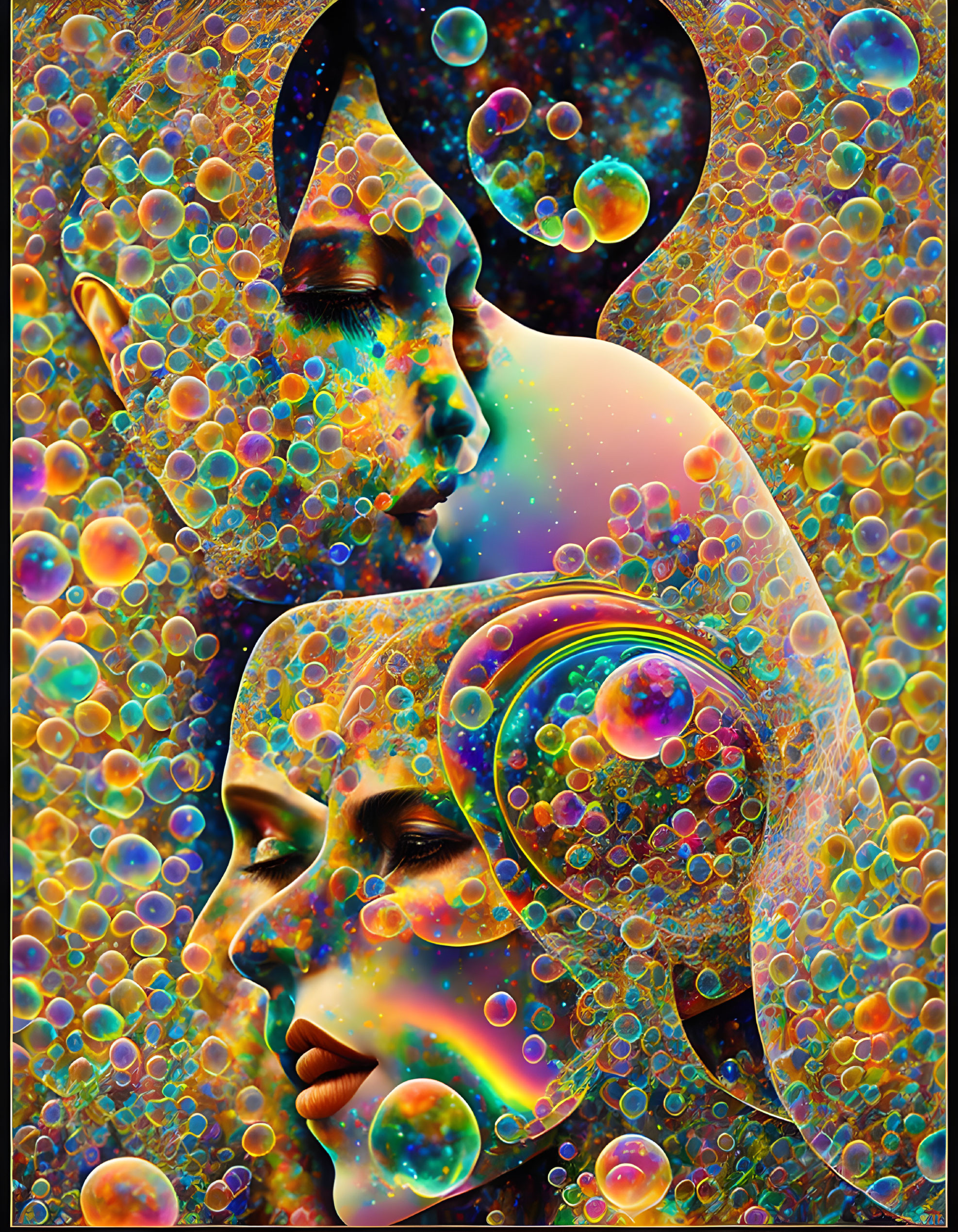 Vibrant digital artwork: Overlapping profiles with colorful bubbles