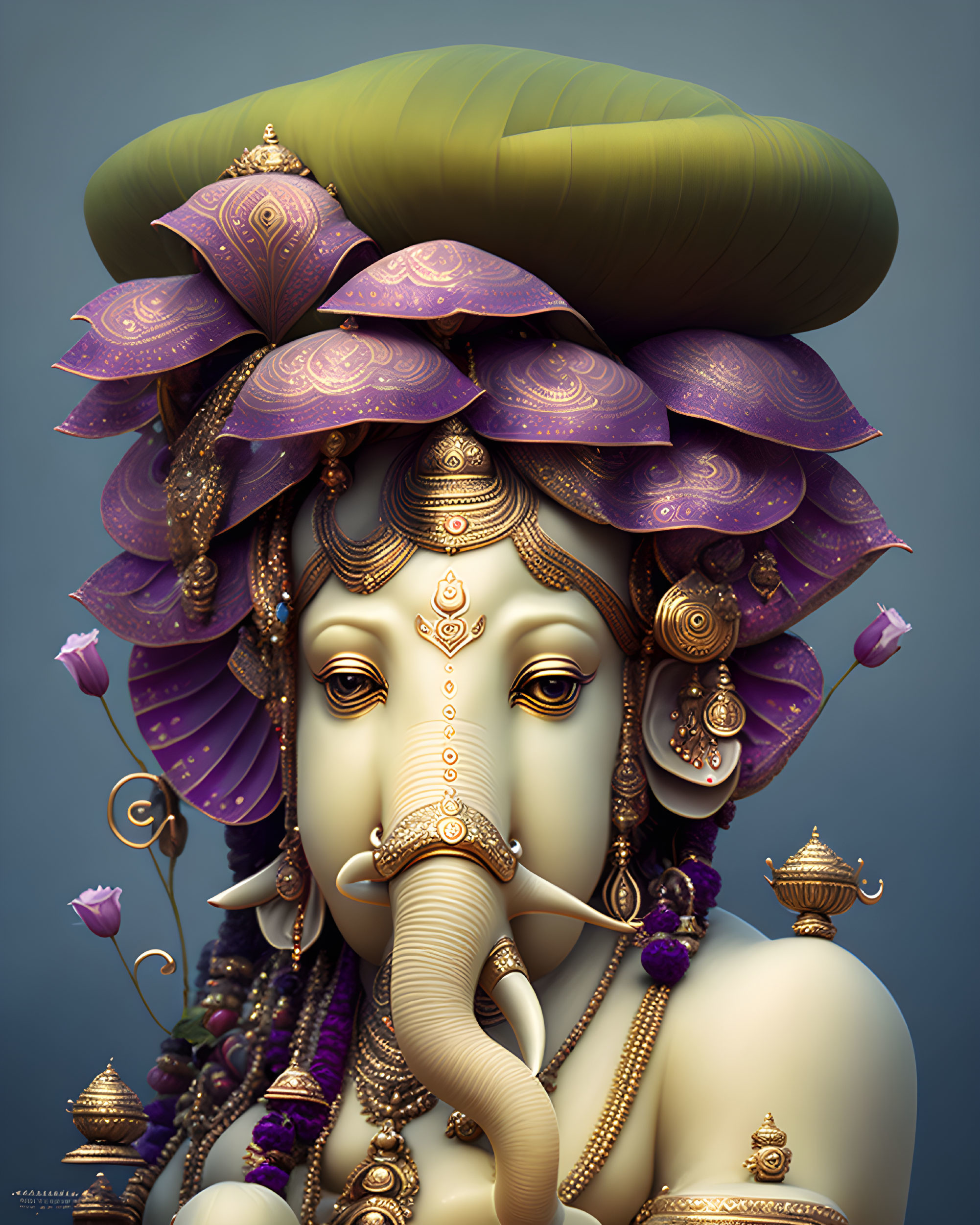 Detailed Hindu deity Ganesha artwork with intricate headgear and symbolic elements