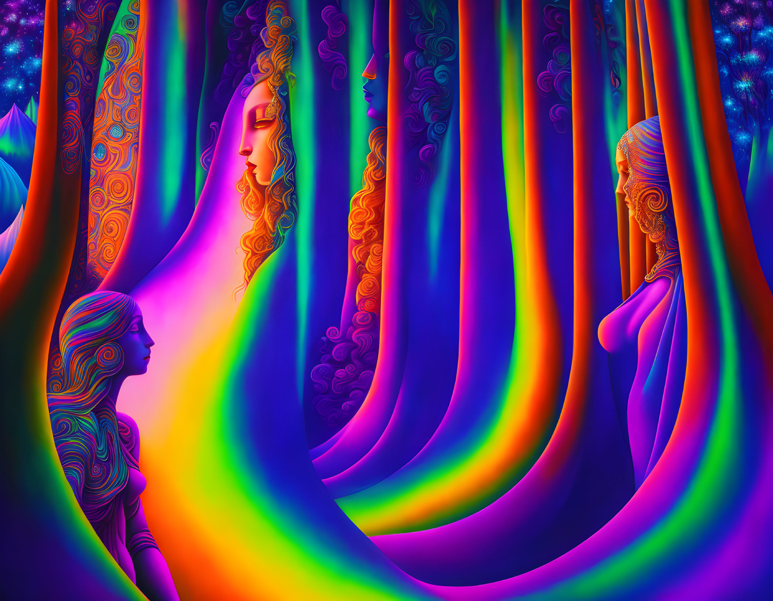 Colorful Psychedelic Artwork: Women's Profiles Merge with Tree-Like Forms