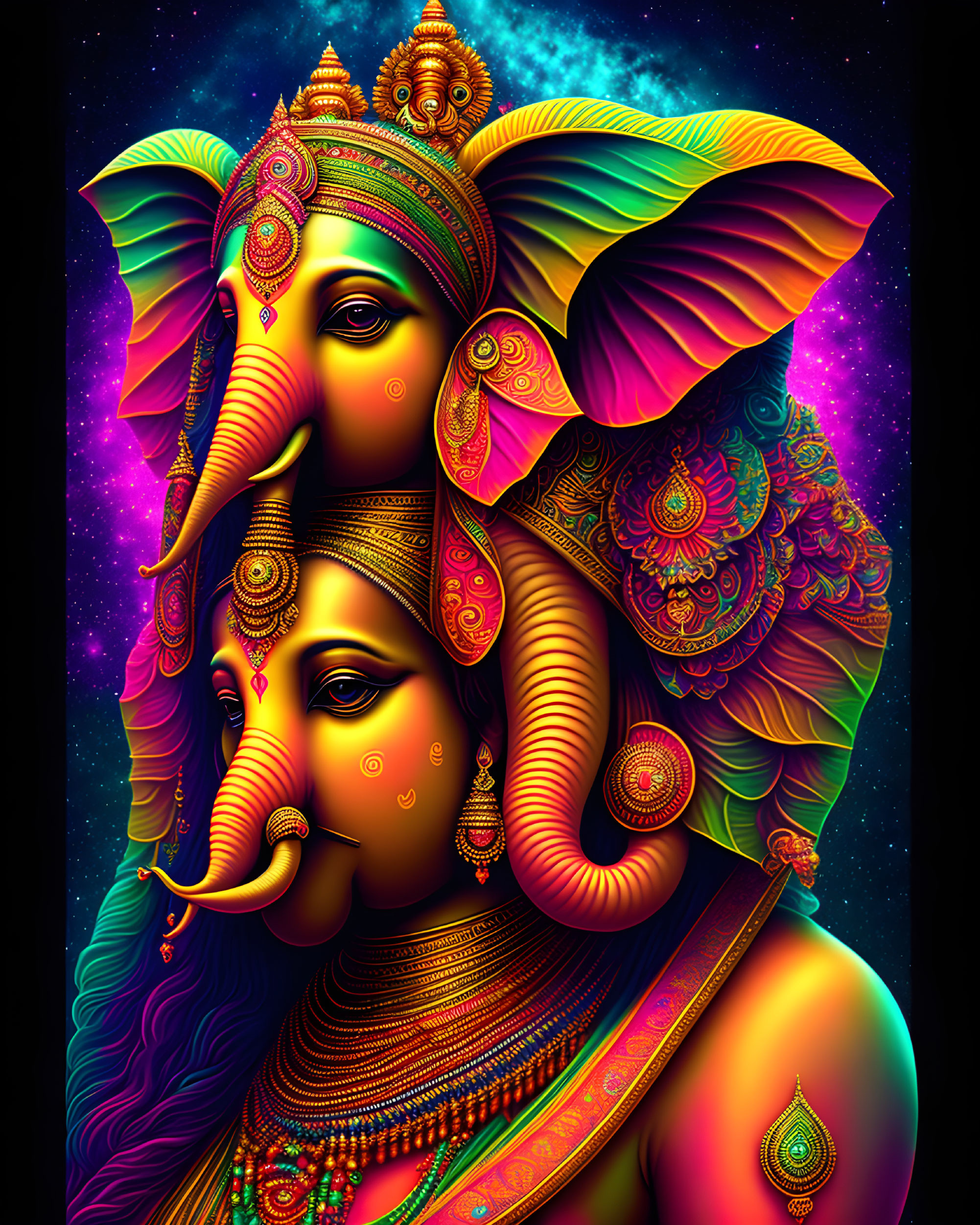 Colorful human-elephant fusion art with Indian jewelry on cosmic backdrop