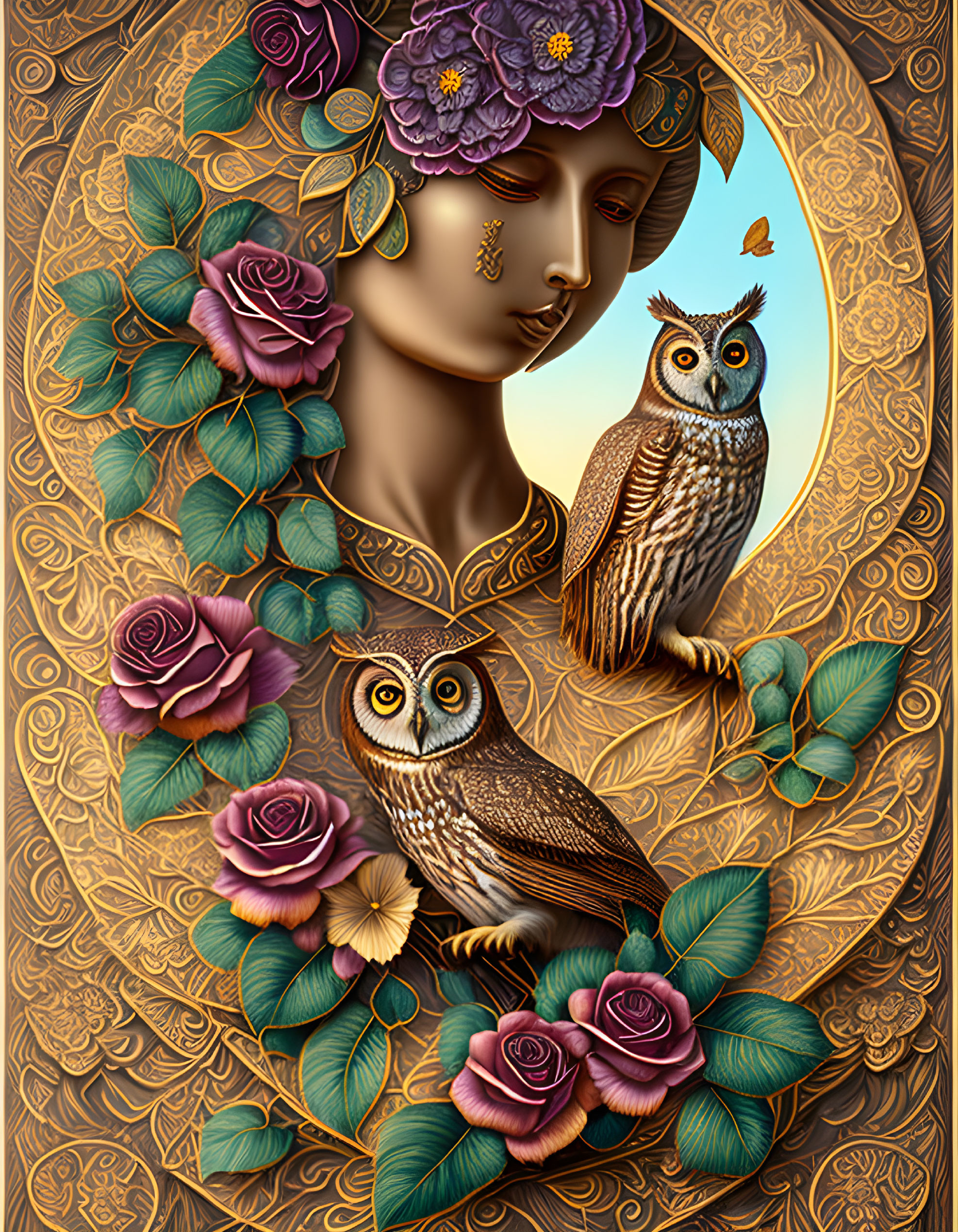 Surreal female figure with floral elements and owls on golden background