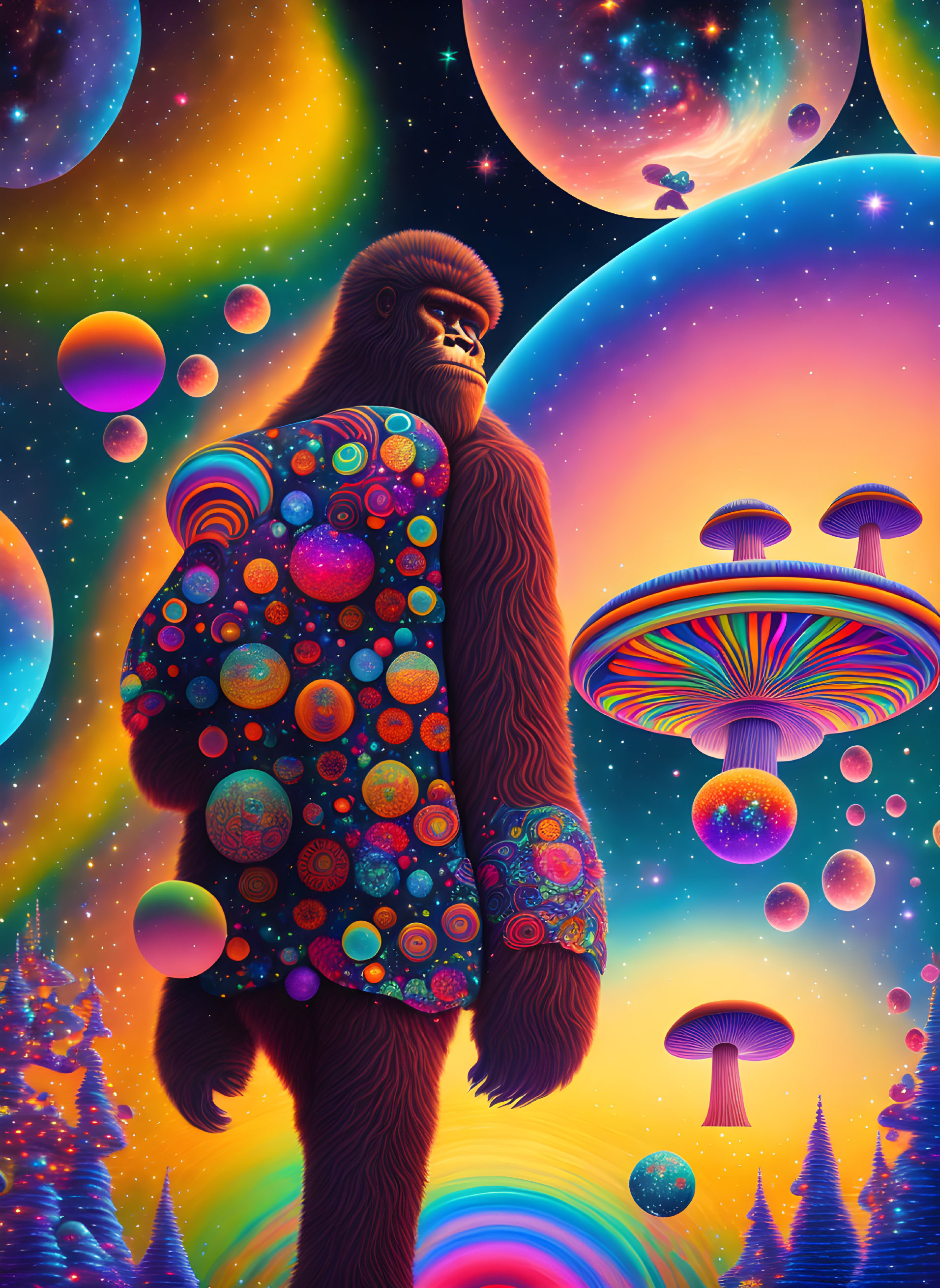 Colorful Cosmic Gorilla Among Psychedelic Mushroom Trees Under Starry Sky