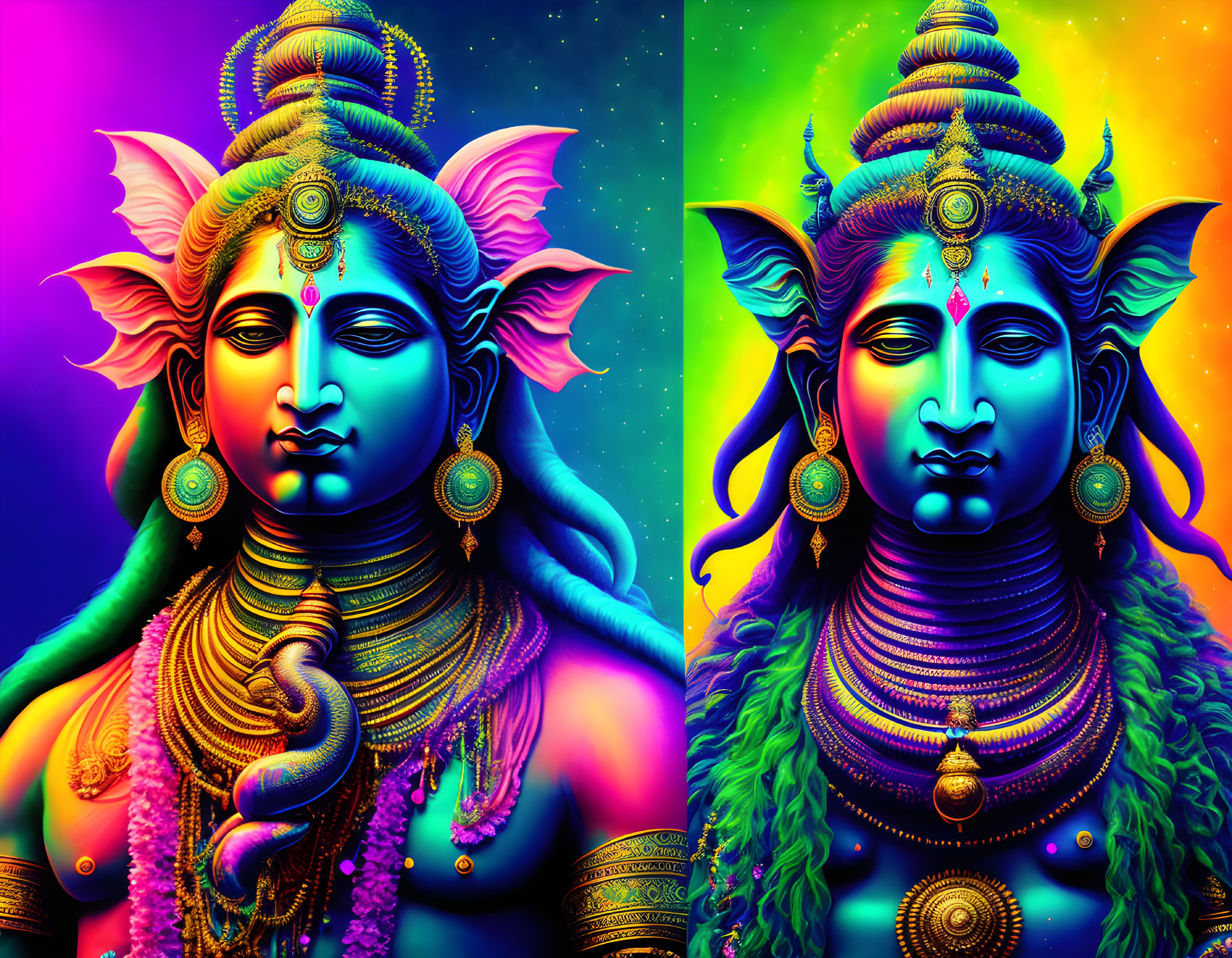 Colorful digital artwork: deity with four arms and ornate attire on gradient background.