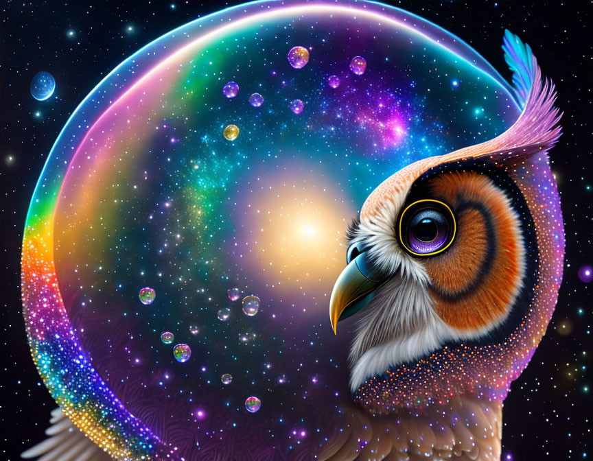 Colorful Owl Artwork with Cosmic Bubble Background