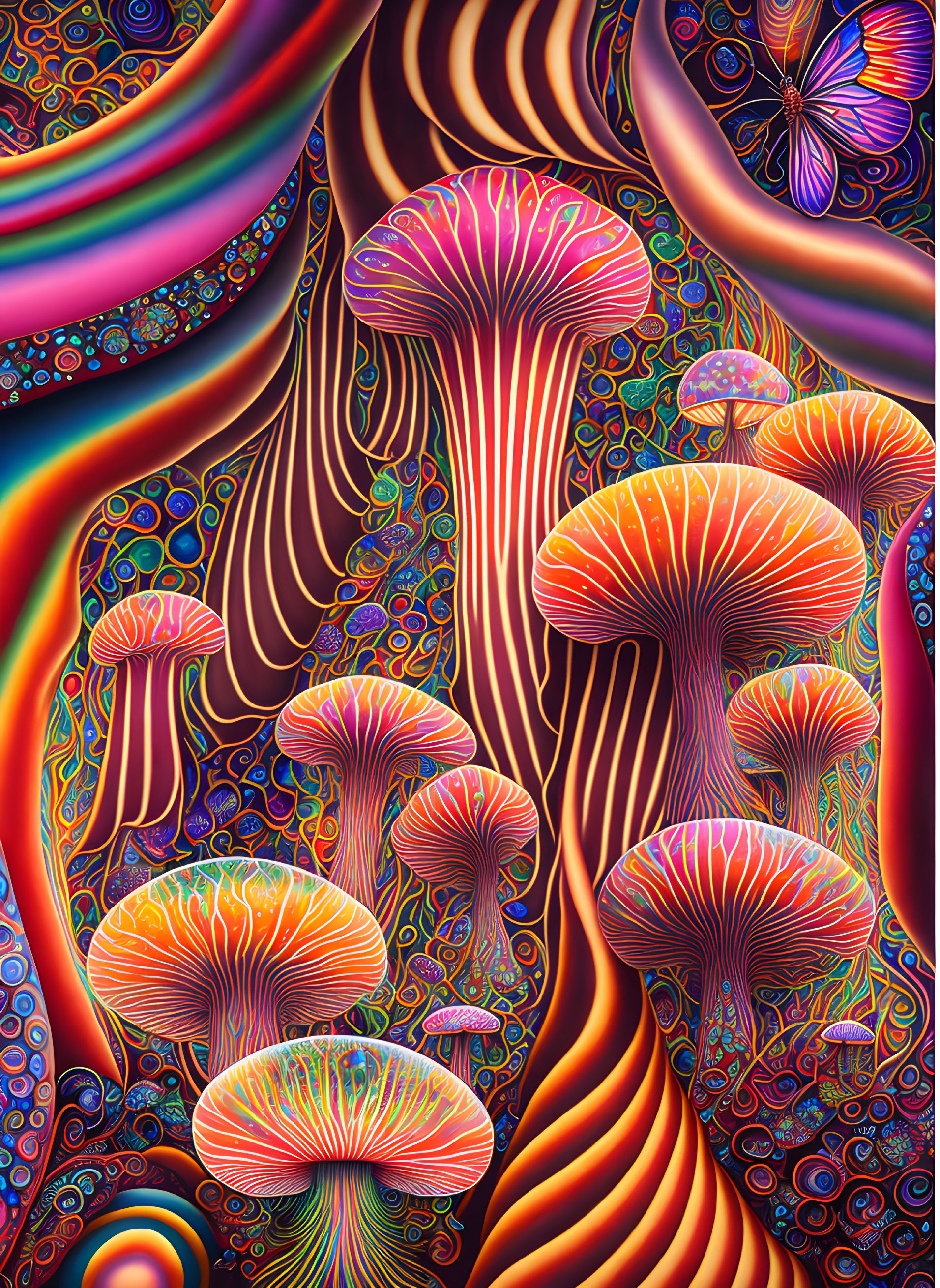 Colorful psychedelic mushroom art on vibrant backgrounds