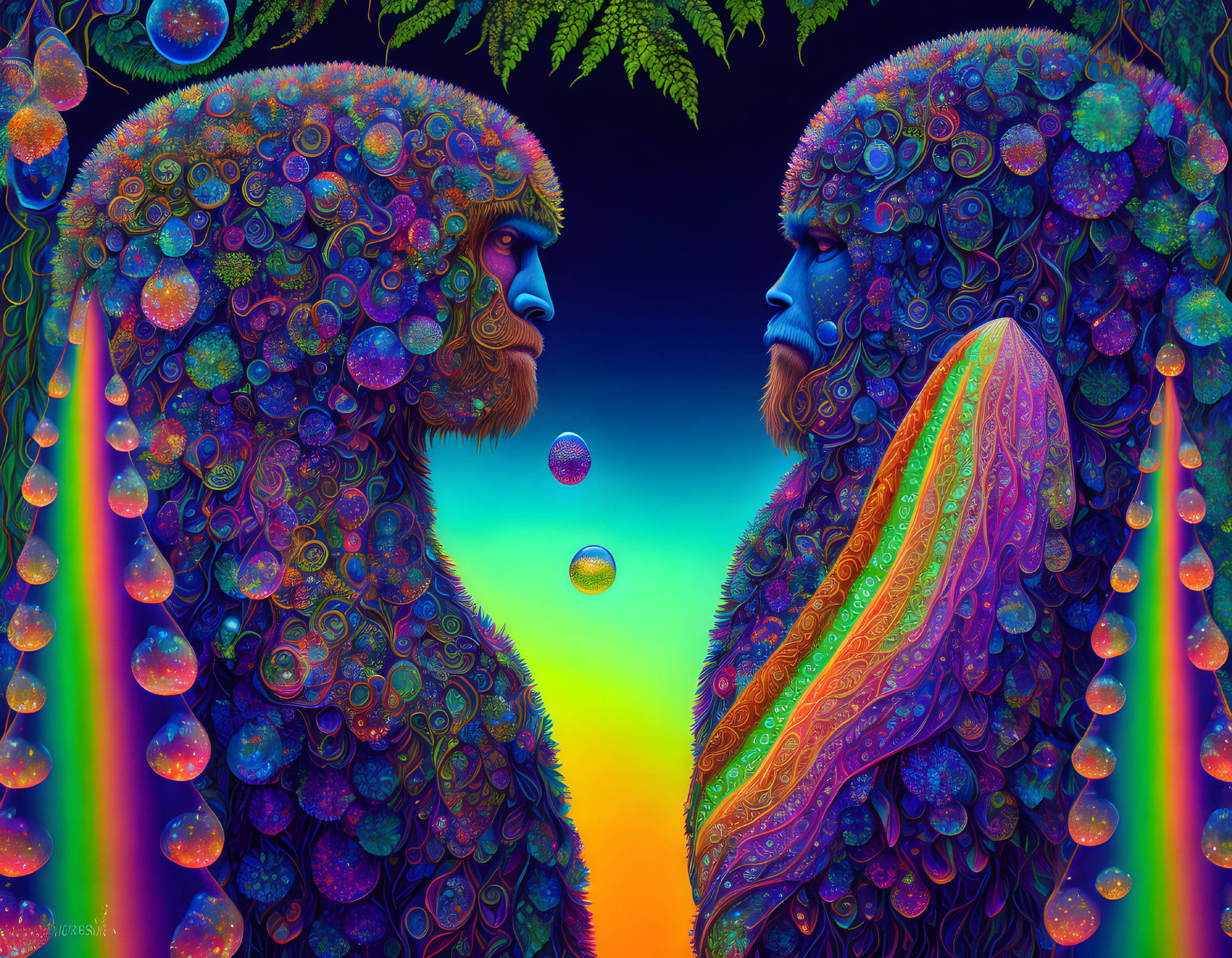 Colorful Psychedelic Image: Two Patterned Profiles with Bubble