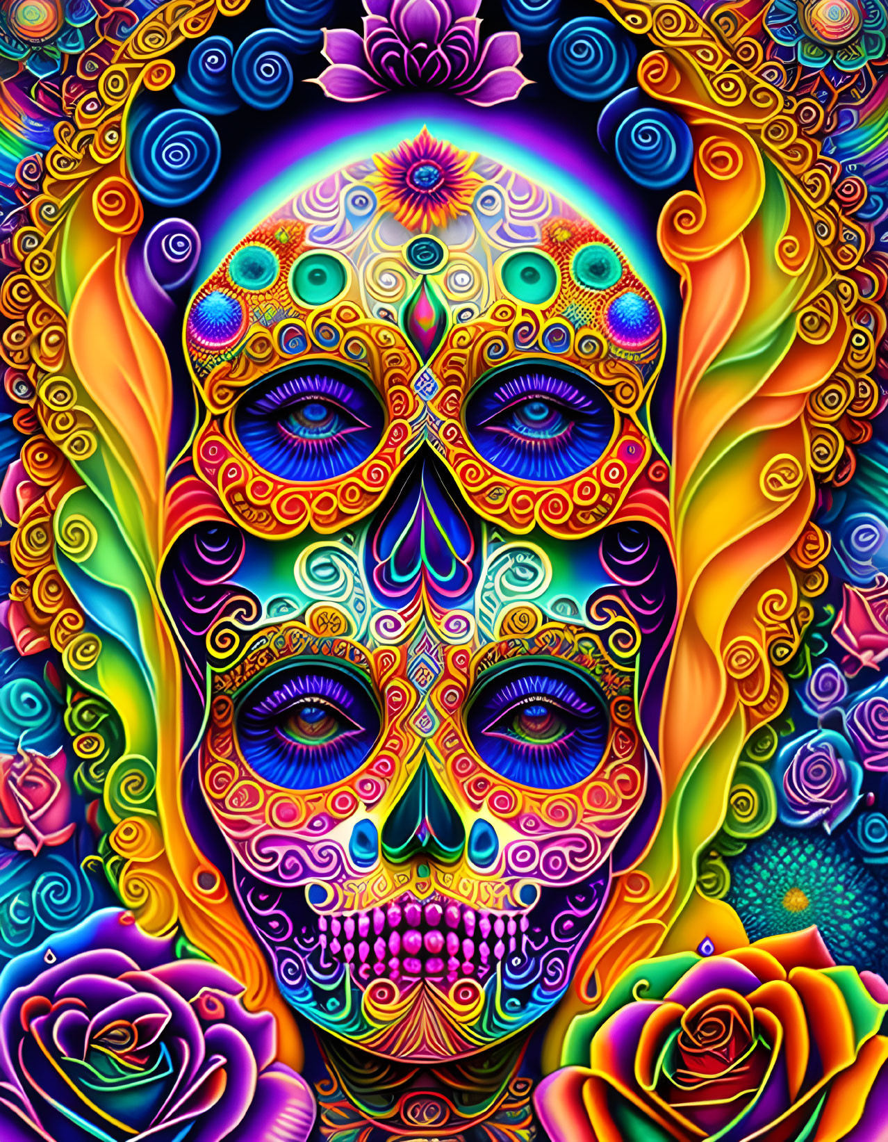 Colorful psychedelic skull with floral patterns in fluorescent hues