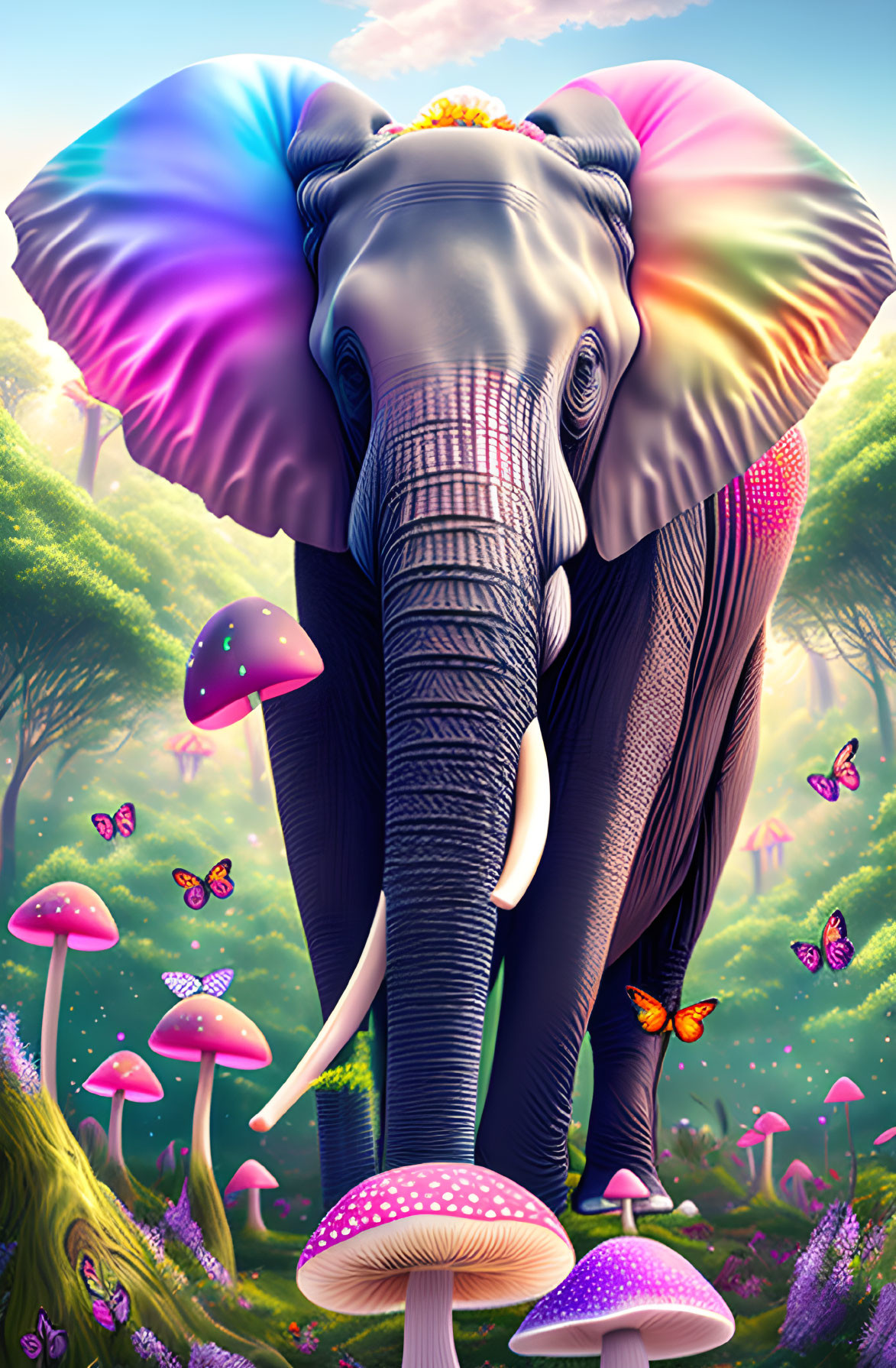 Colorful Elephant in Enchanted Forest with Mushrooms and Butterflies