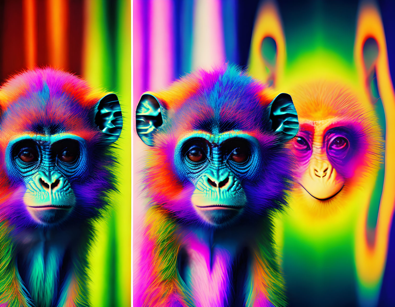 Colorful Psychedelic Image: Monkeys in Rainbow Hues