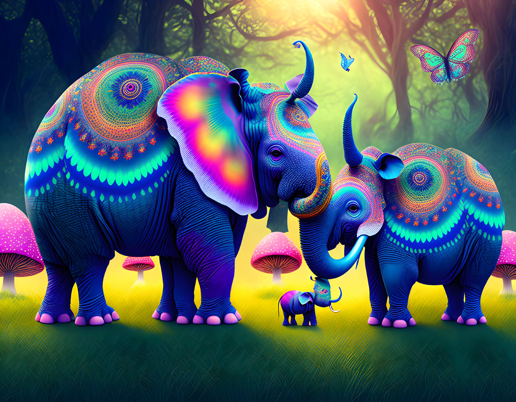 Vibrantly colored elephants in fantastical forest with psychedelic patterns