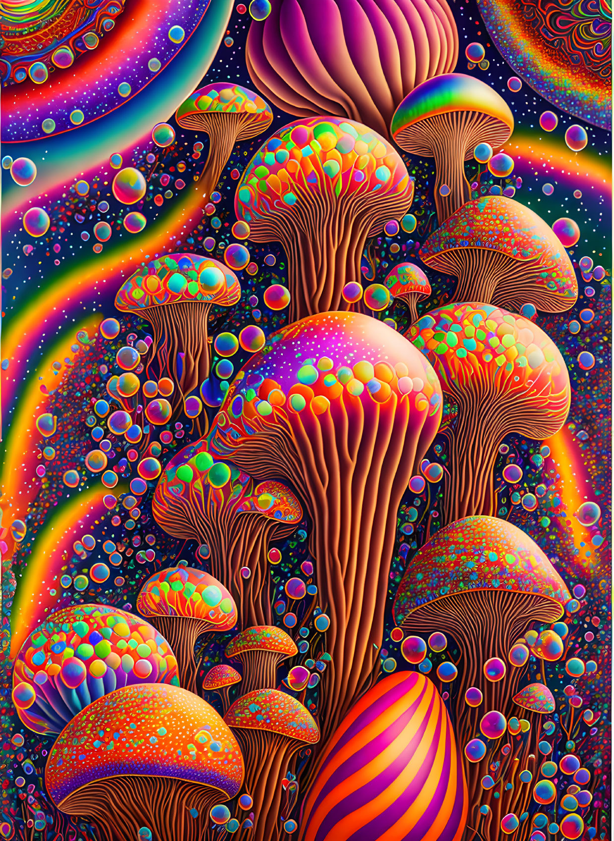 Colorful Psychedelic Mushroom Illustration with Cosmic Background