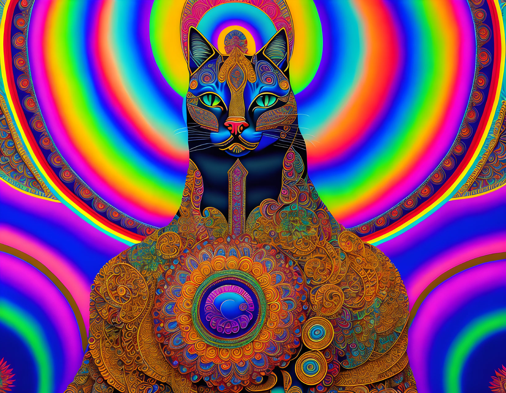 Vibrant digital artwork featuring stylized cat with mandala designs on rainbow background