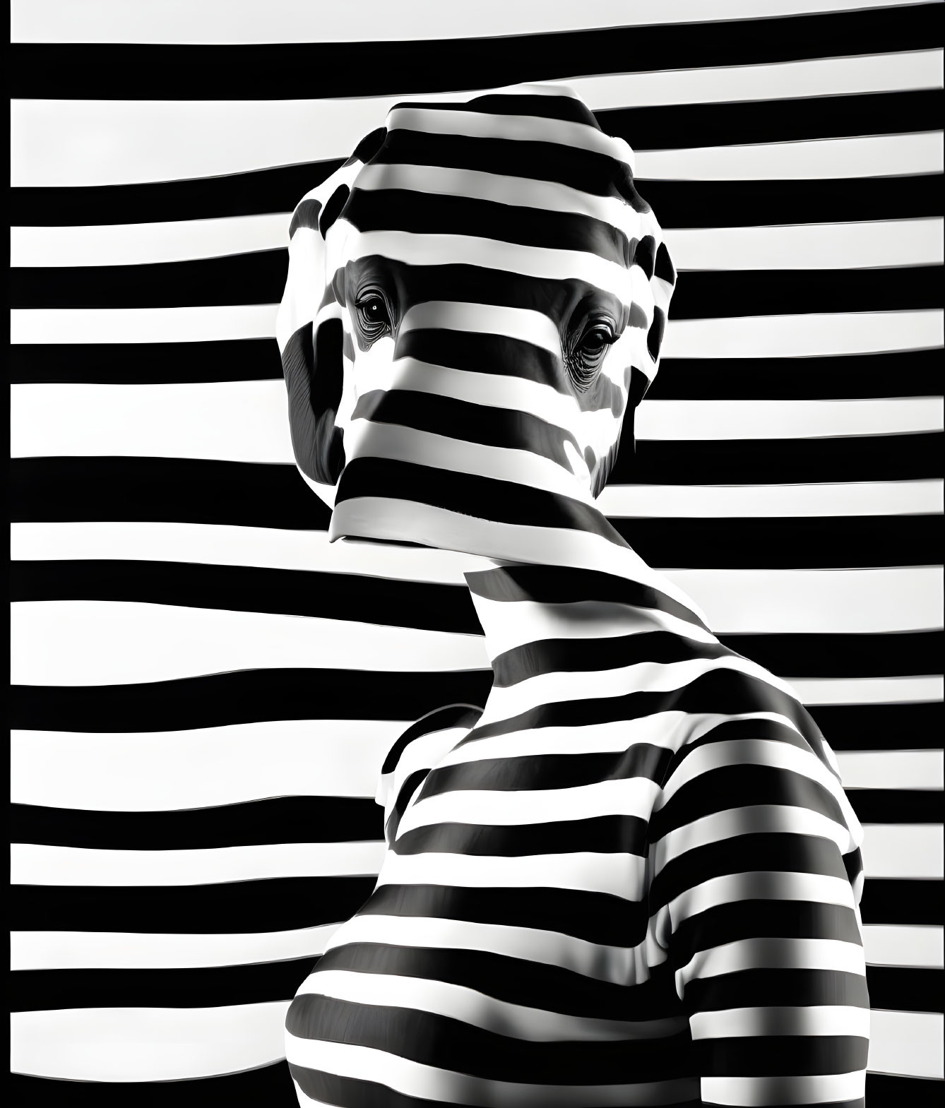 Monochrome optical illusion of person blending into striped background