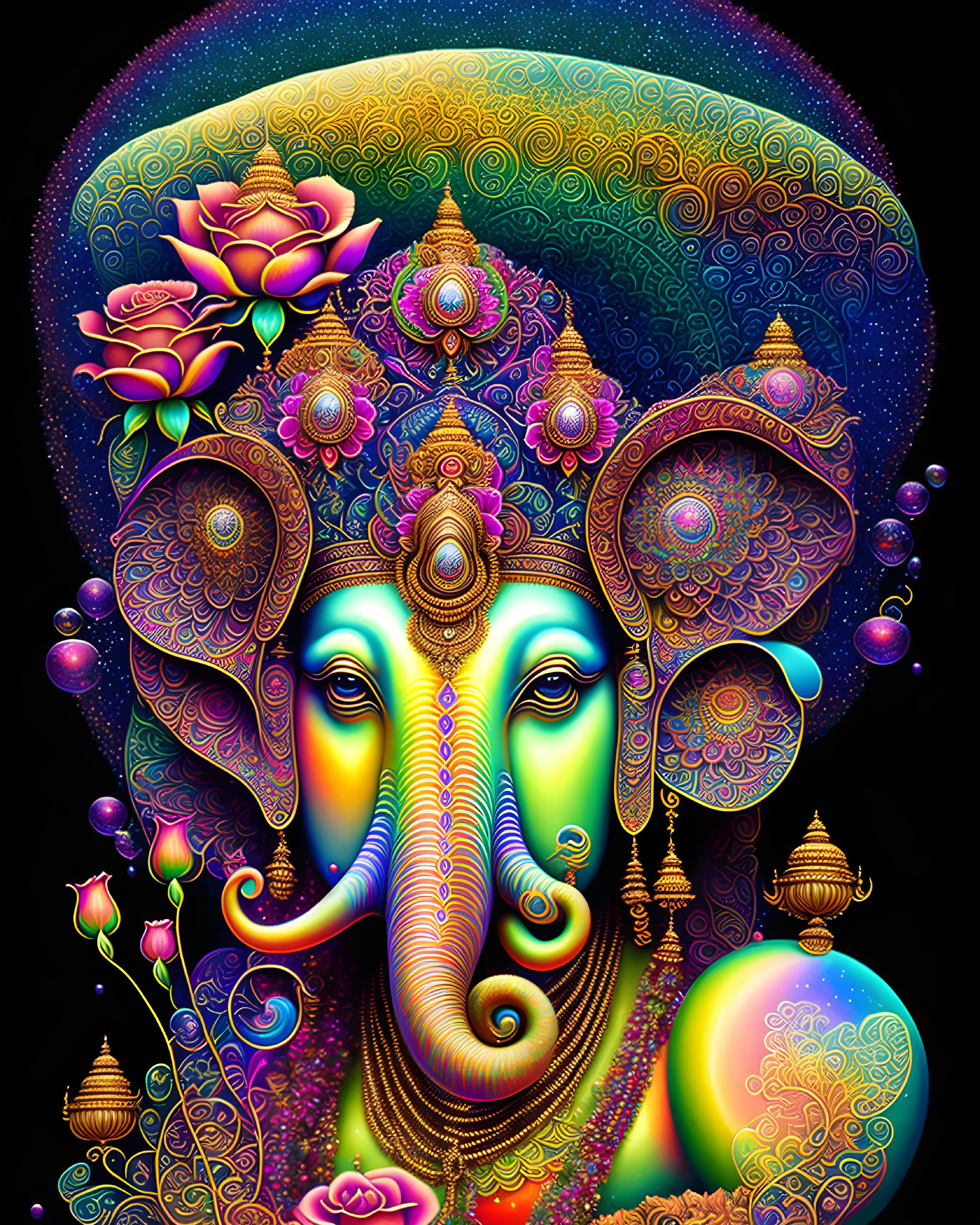 Colorful Illustration of Hindu Deity Ganesha with Intricate Patterns